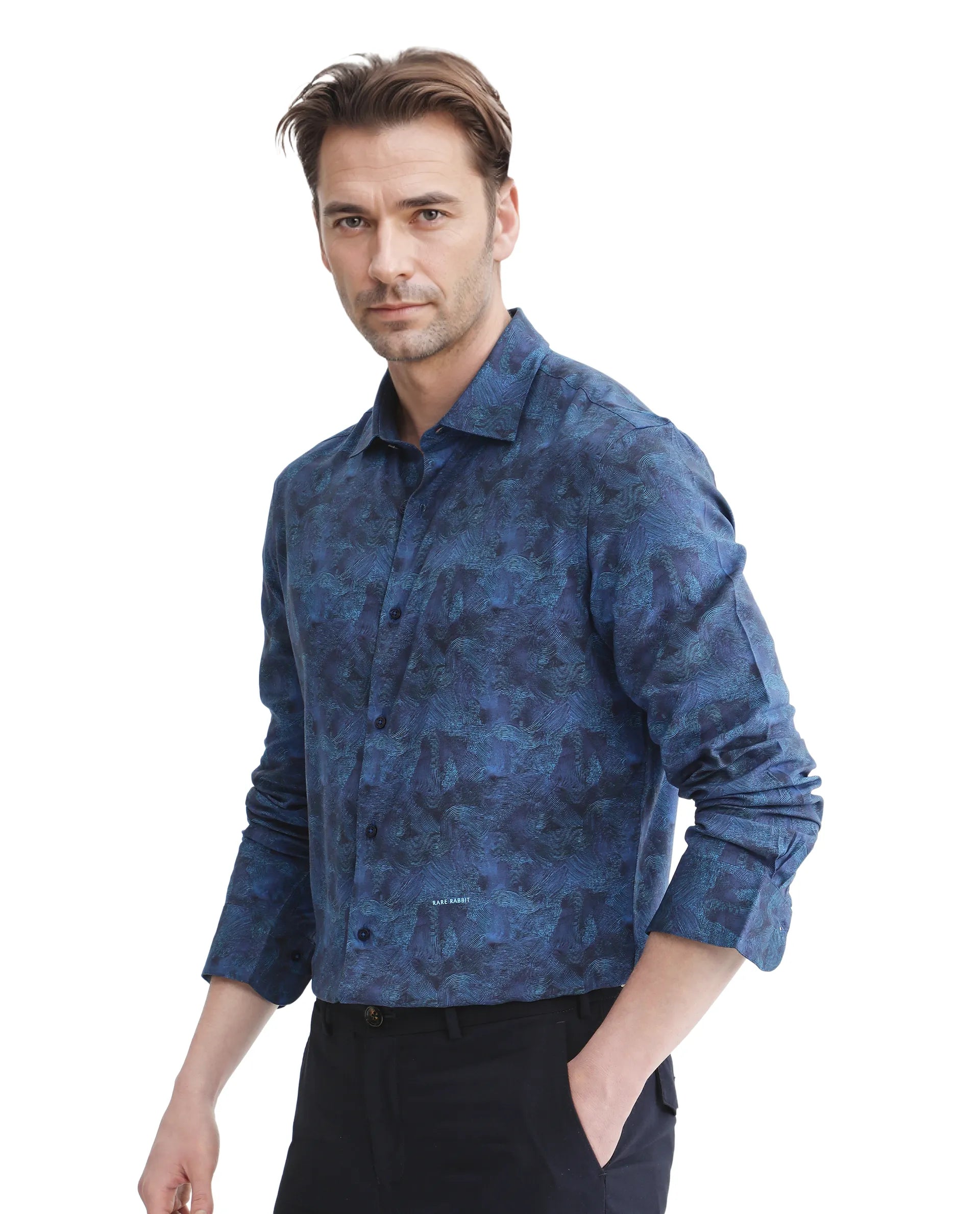 Rare Rabbit Men Taylor Navy Viscose Fabric Printed Shirt