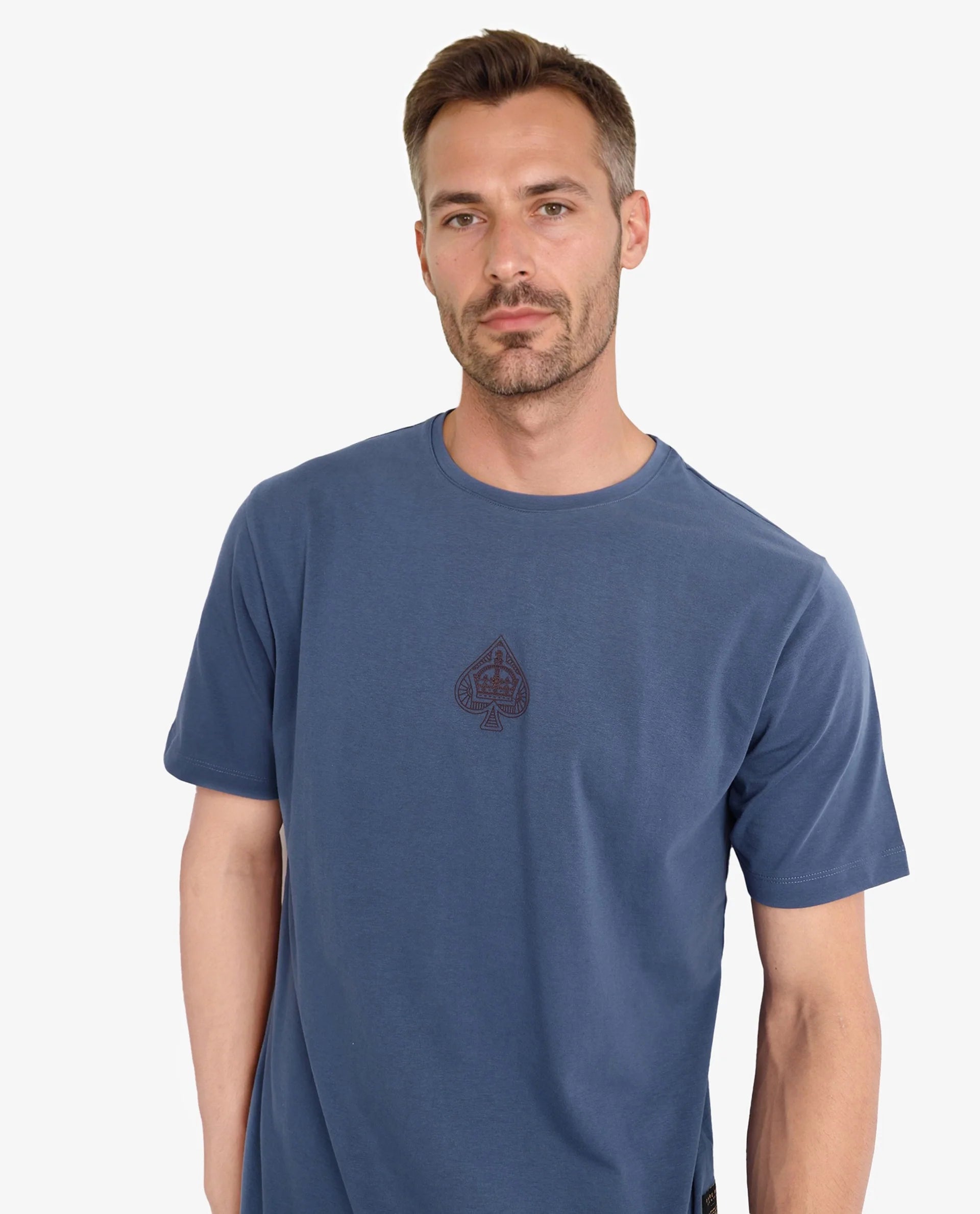 Rare Rabbit Men Tegor Petrol Cotton Lycra Fabric Short Sleeve Crew Neck Regular Fit Graphic Back Flock Print T-Shirt