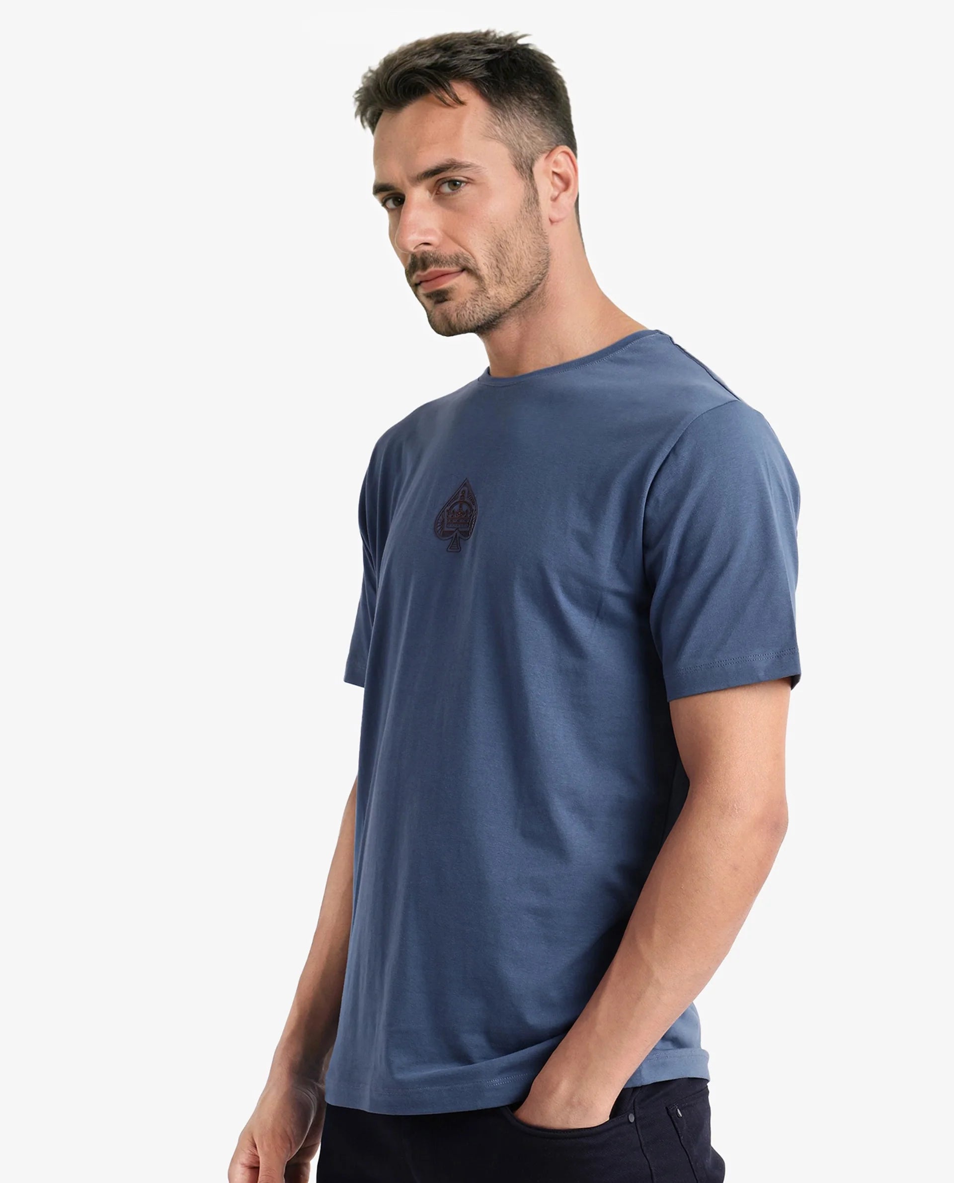 Rare Rabbit Men Tegor Petrol Cotton Lycra Fabric Short Sleeve Crew Neck Regular Fit Graphic Back Flock Print T-Shirt