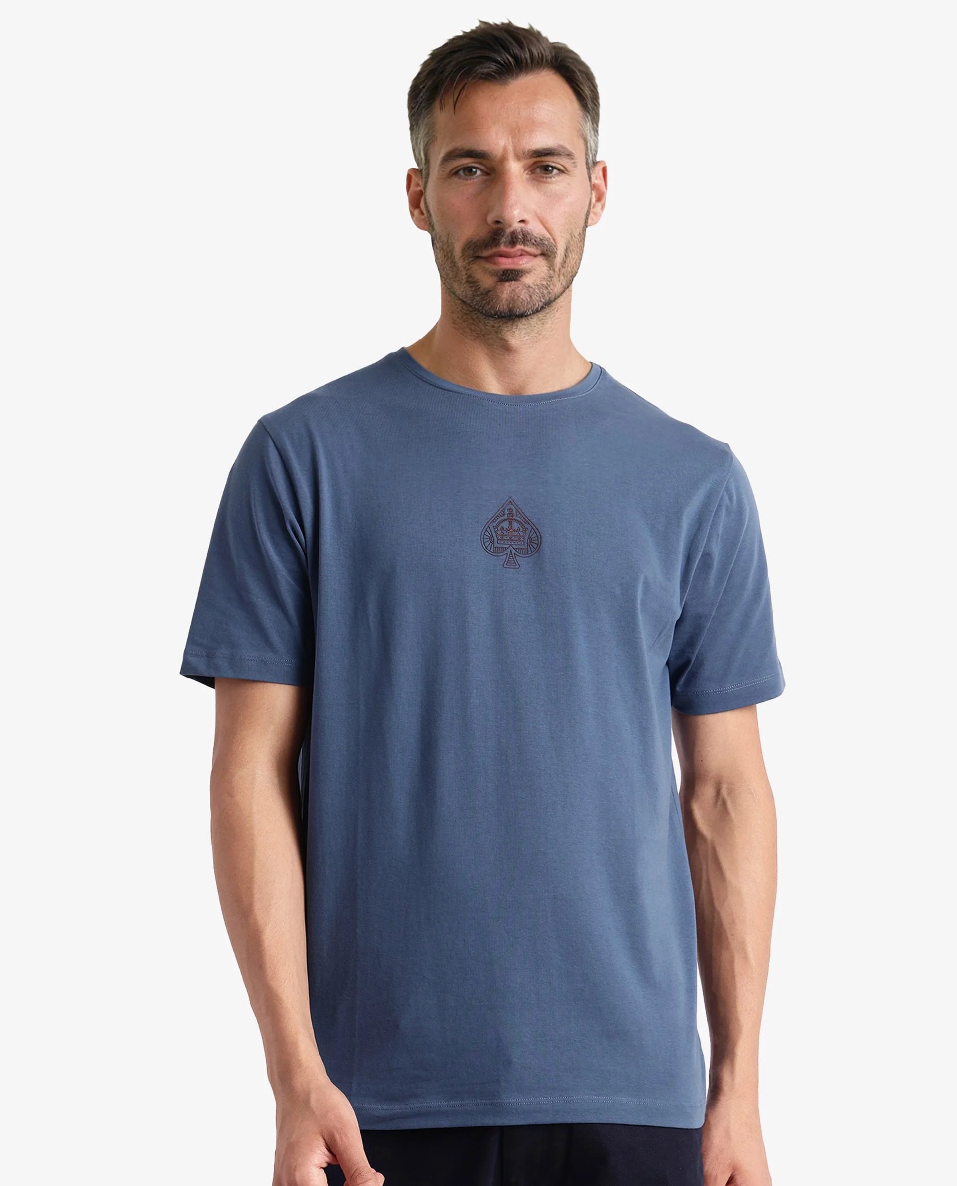 Rare Rabbit Men Tegor Petrol Cotton Lycra Fabric Short Sleeve Crew Neck Regular Fit Graphic Back Flock Print T-Shirt