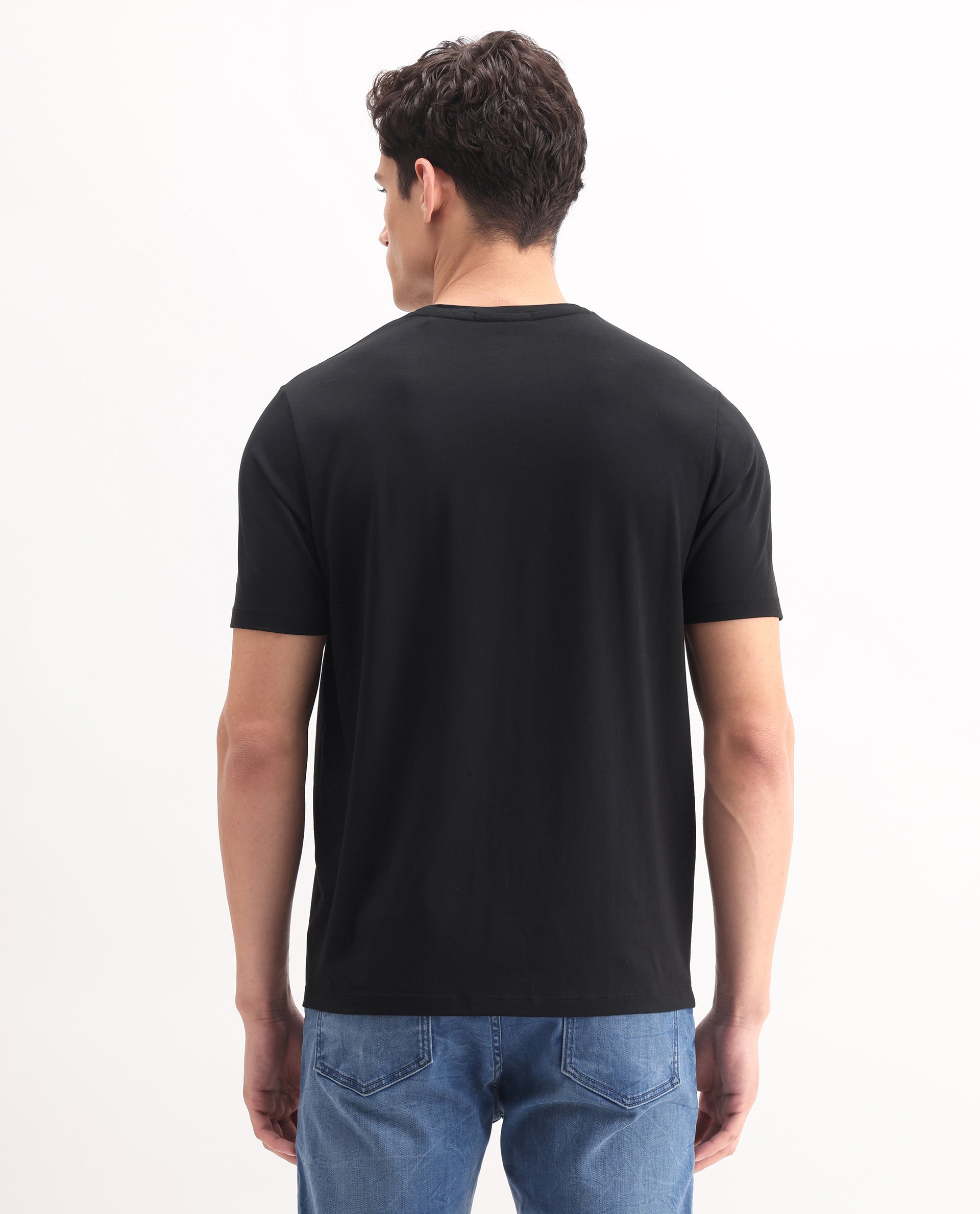 Rare Rabbit Men's Tene Black Cotton Blend Graphic Print Regular Fit Half Sleeve Crew Neck T-Shirt