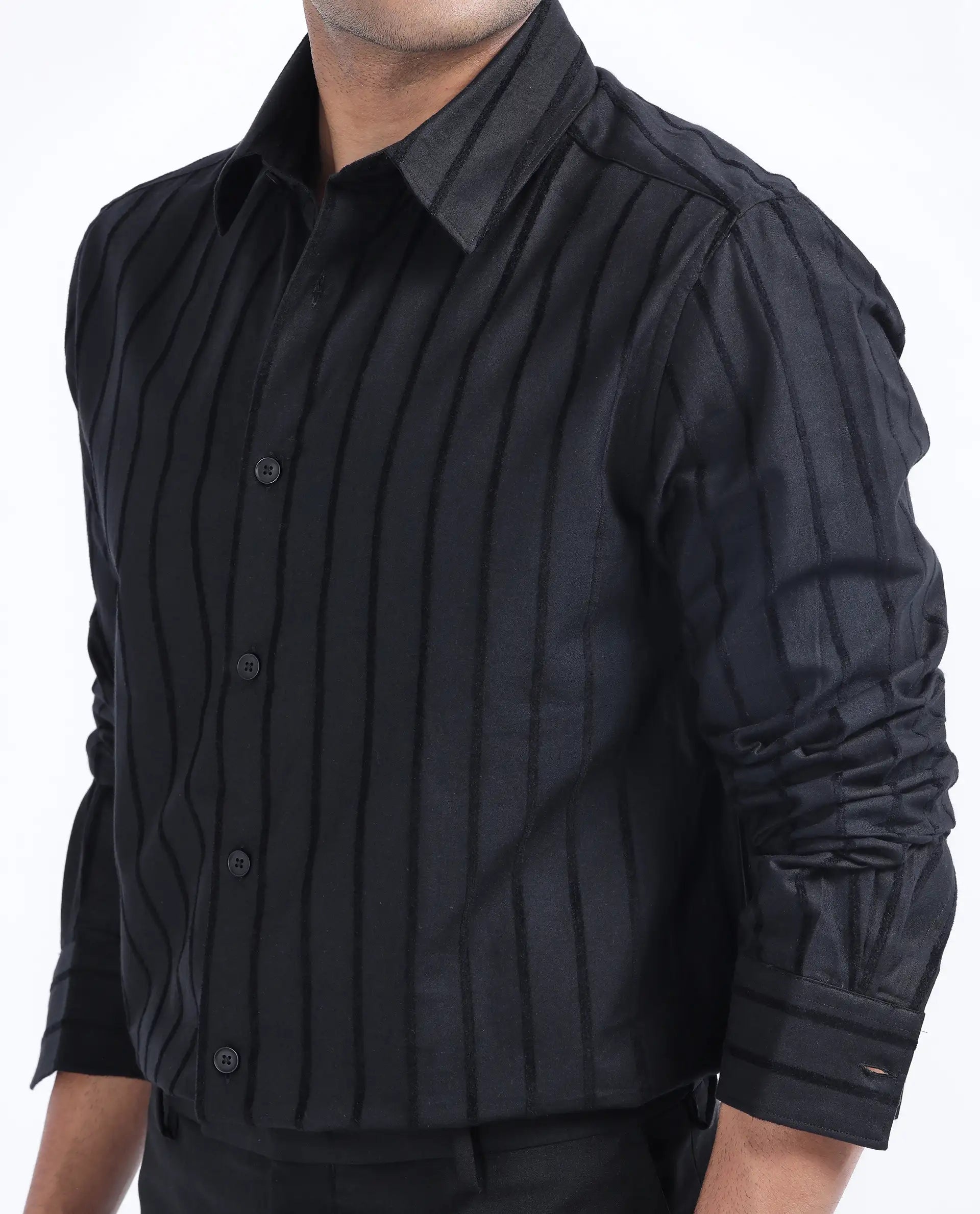 Rare Rabbit Men's Tener Black Cotton Striped Print Regular Fit Full Sleeve Collared Shirt