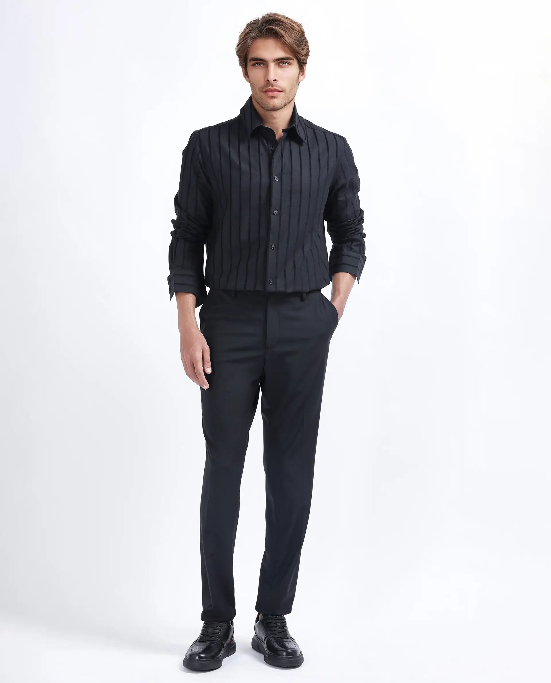 Rare Rabbit Men's Tener Black Cotton Striped Print Regular Fit Full Sleeve Collared Shirt