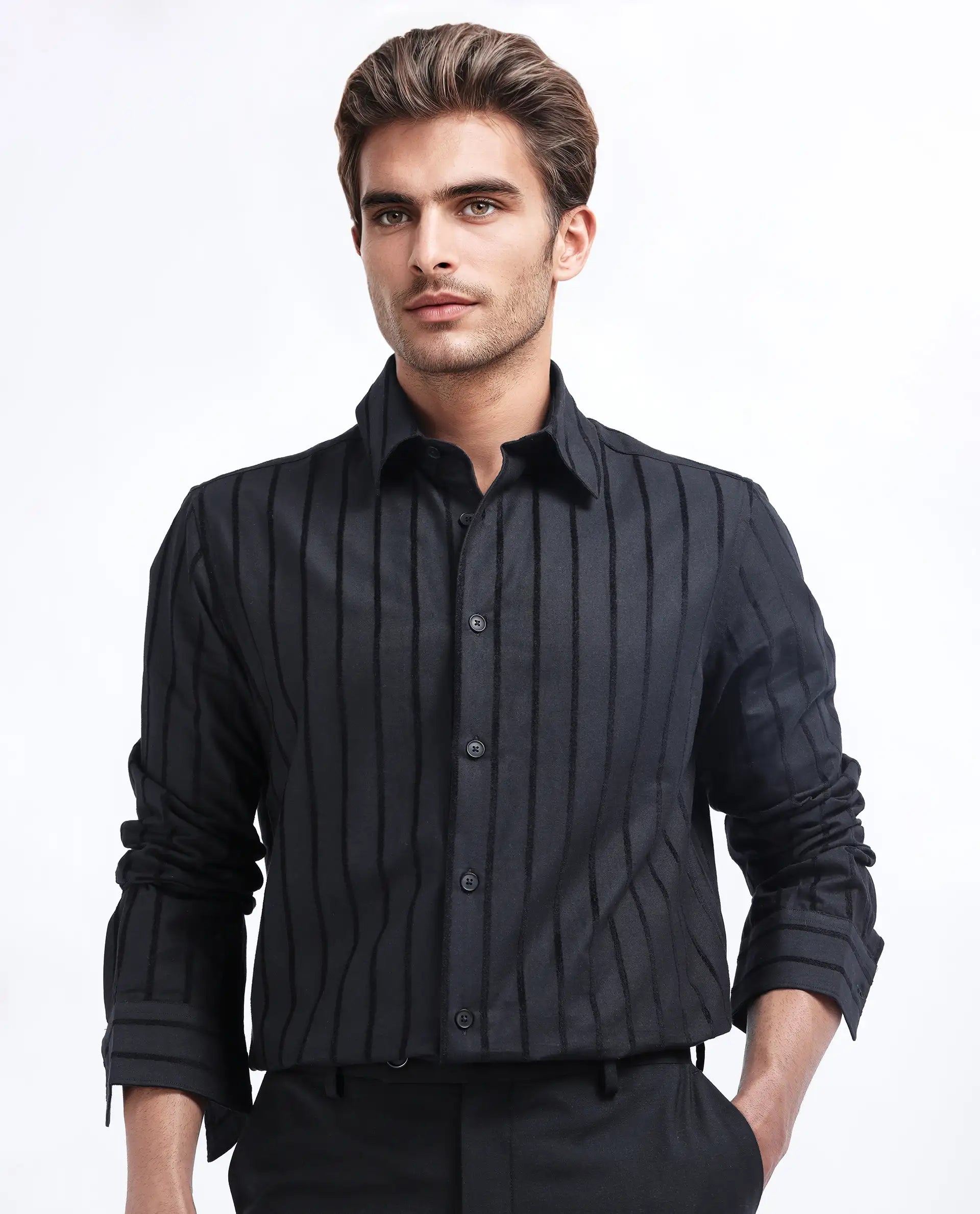 Rare Rabbit Men's Tener Black Cotton Striped Print Regular Fit Full Sleeve Collared Shirt