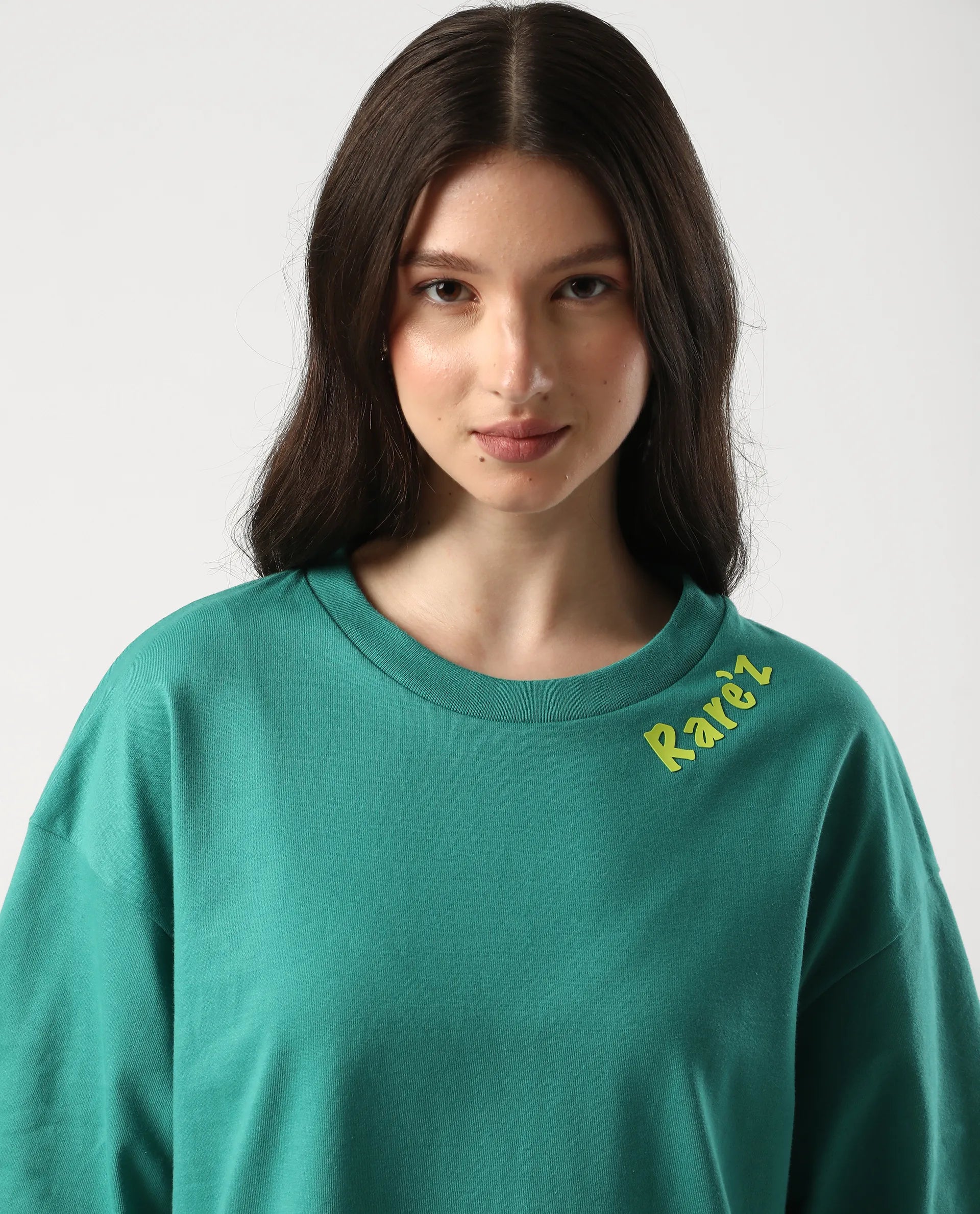 Rareism Women's Tenk Green Cotton Graphic Print Oversized T-Shirt