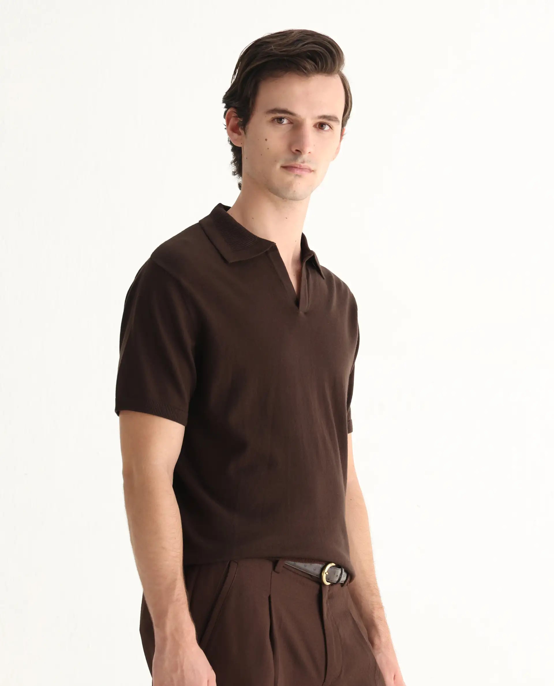Rare Rabbit Men's Teny Dark Brown Cotton Blend Plain Regular Fit Half Sleeve Polo