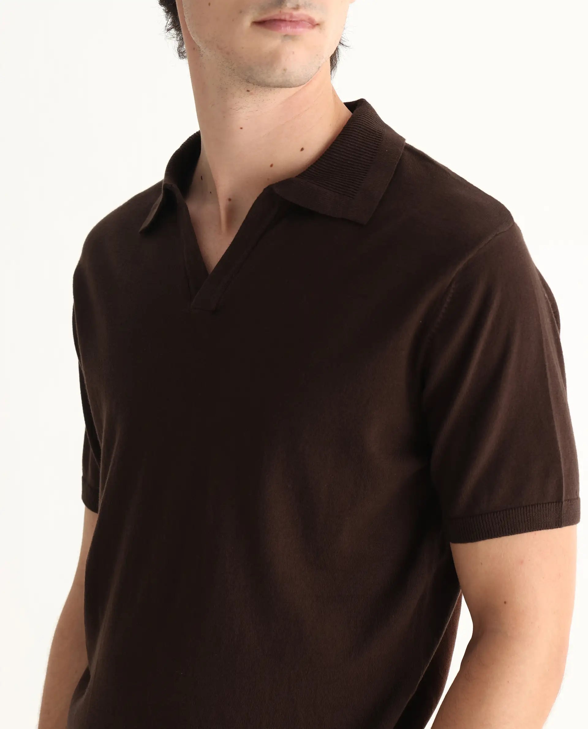 Rare Rabbit Men's Teny Dark Brown Cotton Blend Plain Regular Fit Half Sleeve Polo
