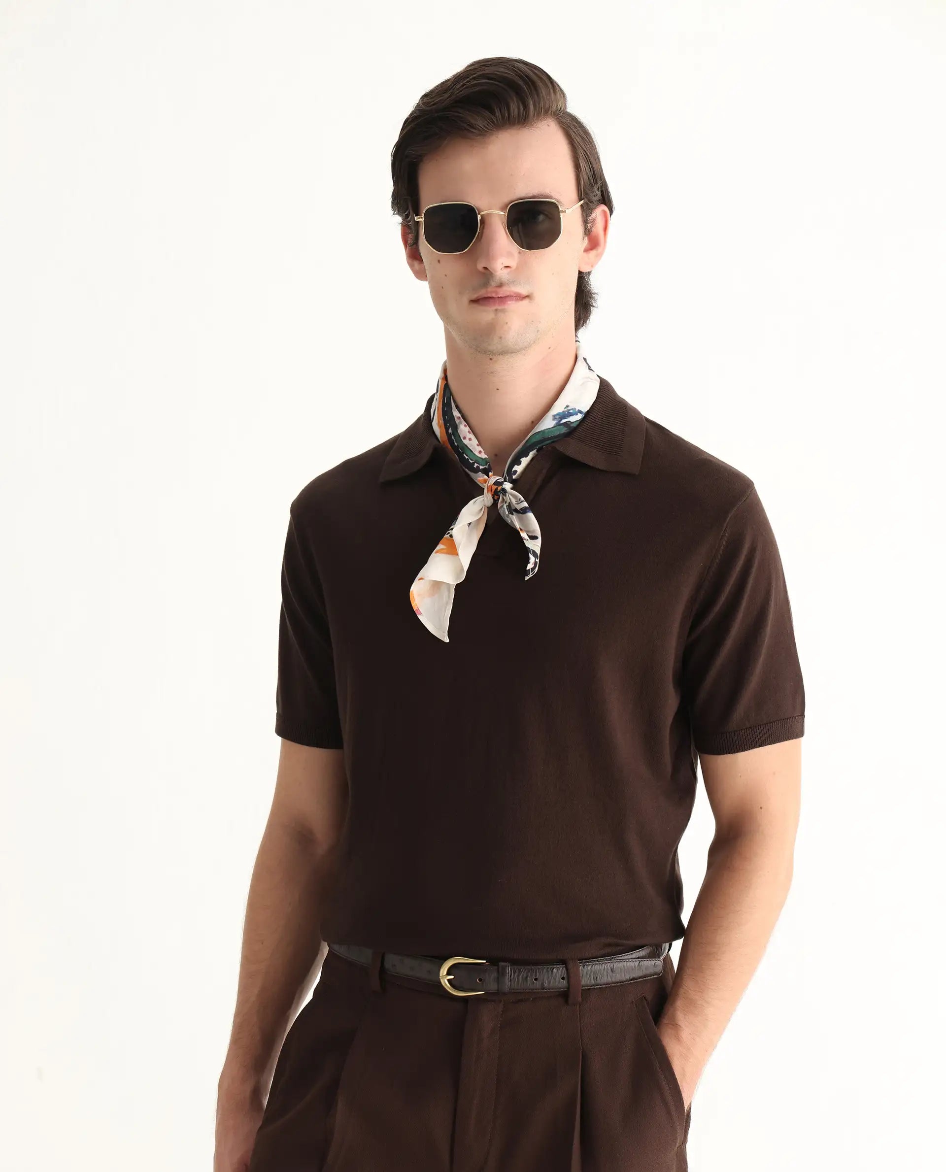 Rare Rabbit Men's Teny Dark Brown Cotton Blend Plain Regular Fit Half Sleeve Polo