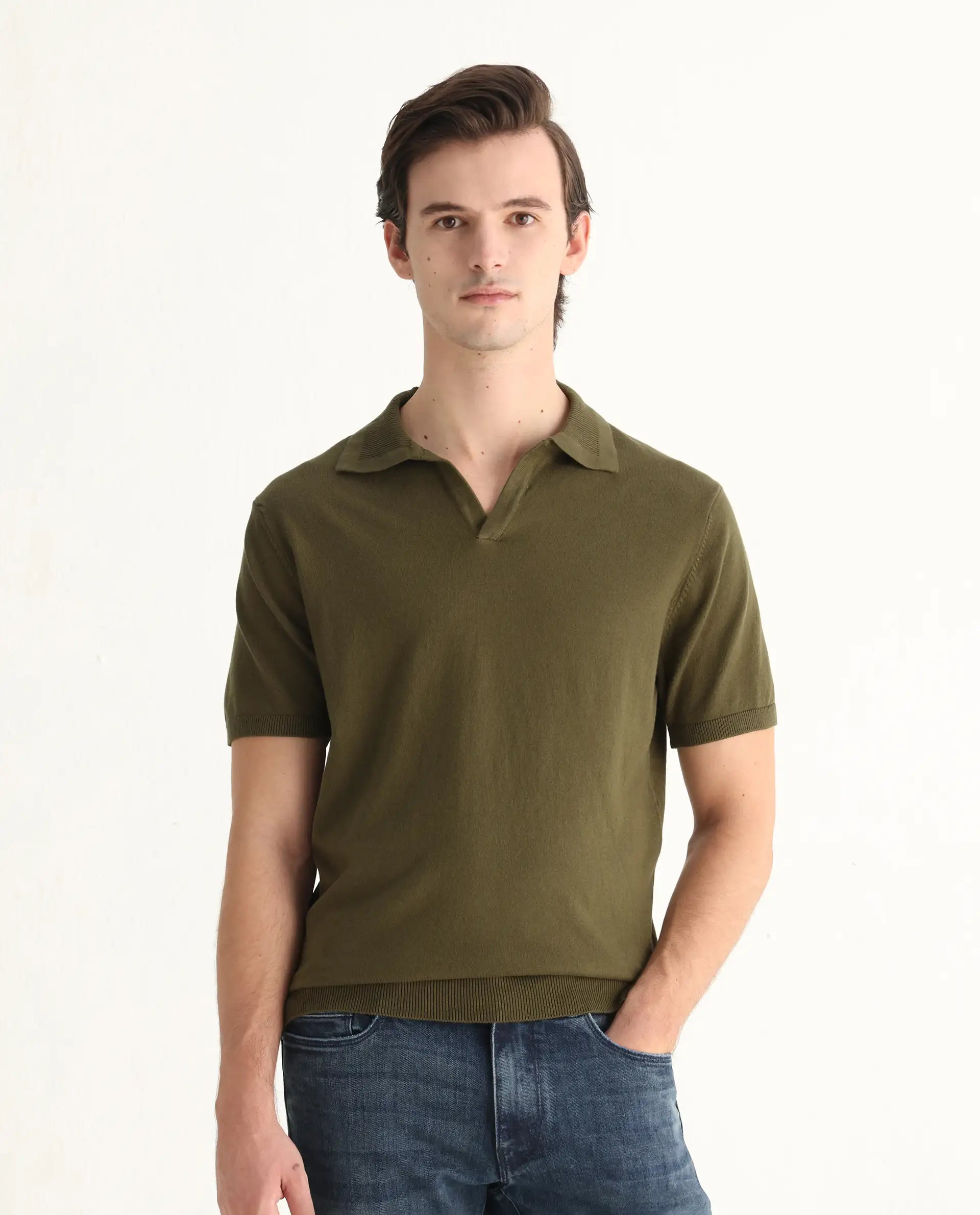 Rare Rabbit Men's Teny Olive Cotton Blend Plain Regular Fit Half Sleeve Polo