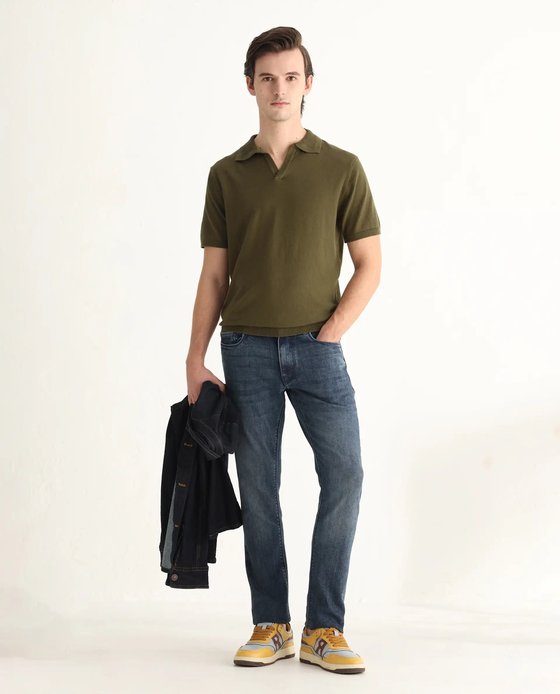 Rare Rabbit Men's Teny Olive Cotton Blend Plain Regular Fit Half Sleeve Polo