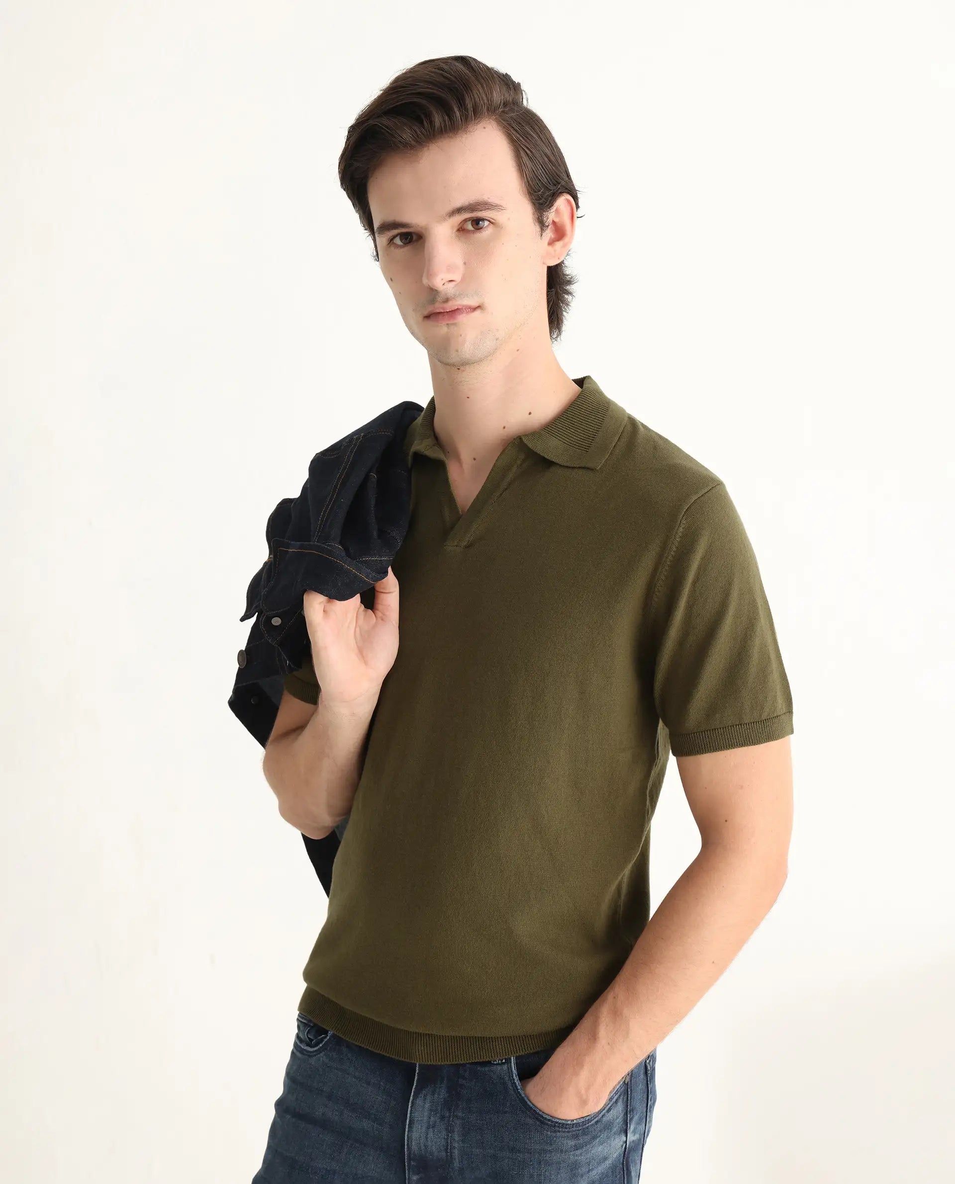 Rare Rabbit Men's Teny Olive Cotton Blend Plain Regular Fit Half Sleeve Polo