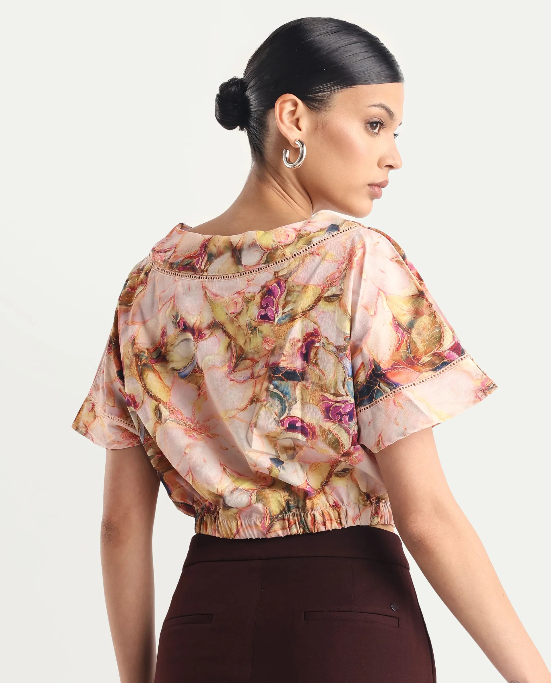 Rareism Women's Terni Multi Polyester Blend Boat Neck Floral Print Extended Sleeves Regular Fit Top