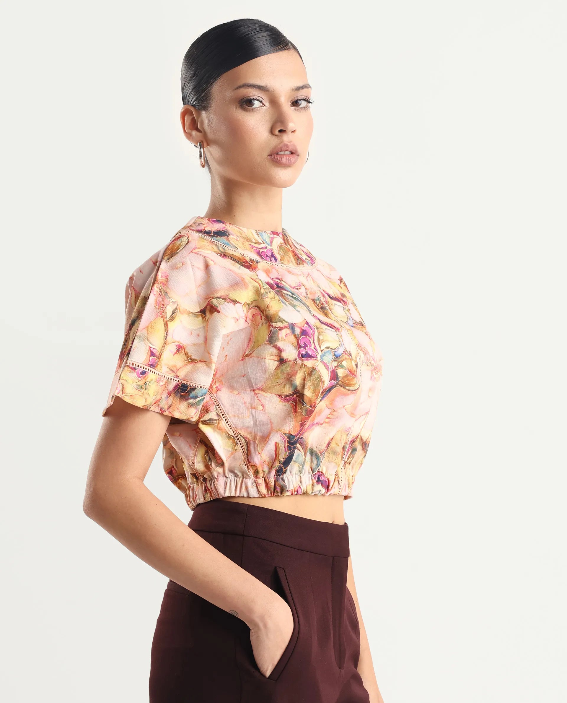 Rareism Women's Terni Multi Polyester Blend Boat Neck Floral Print Extended Sleeves Regular Fit Top