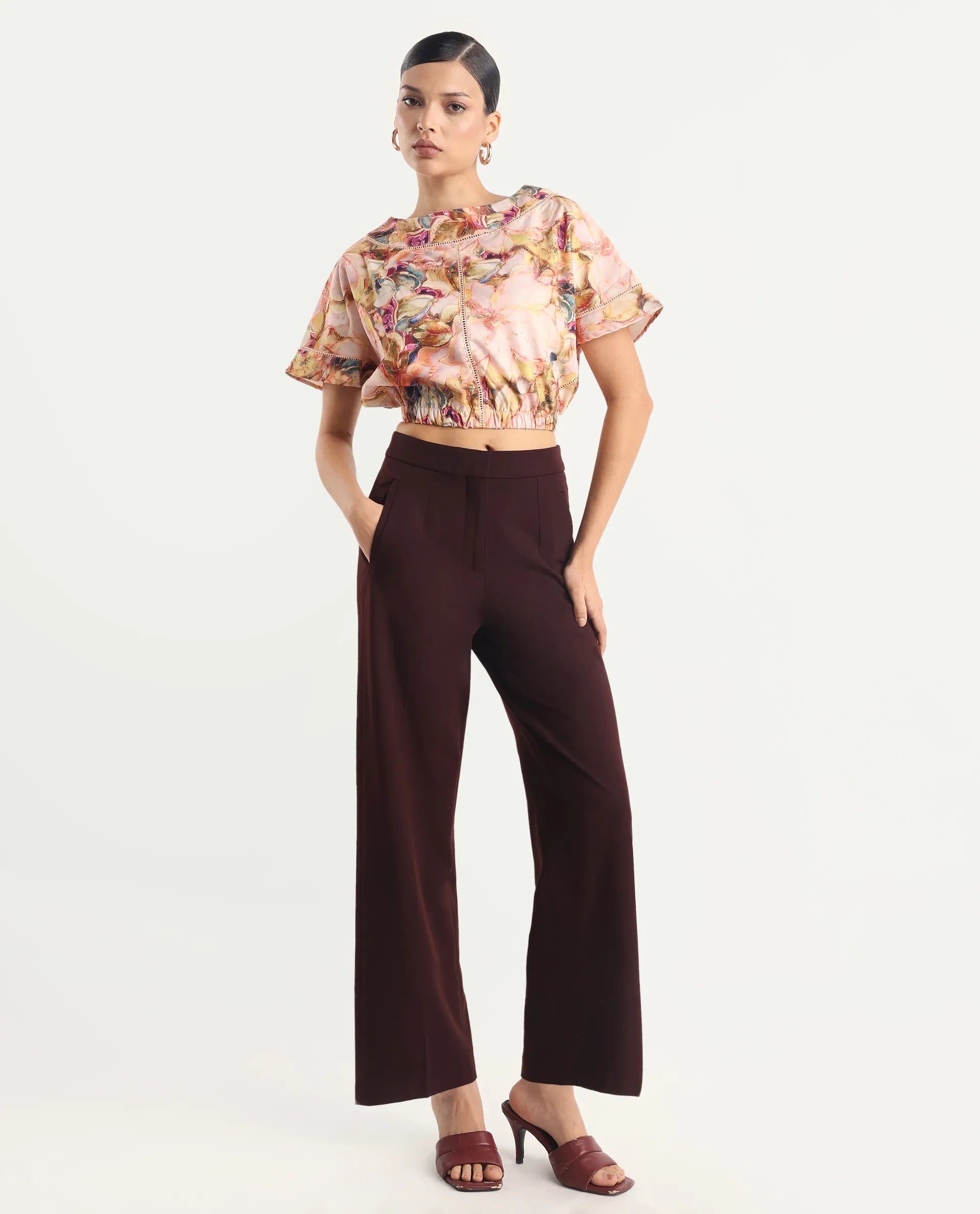 Rareism Women's Terni Multi Polyester Blend Boat Neck Floral Print Extended Sleeves Regular Fit Top