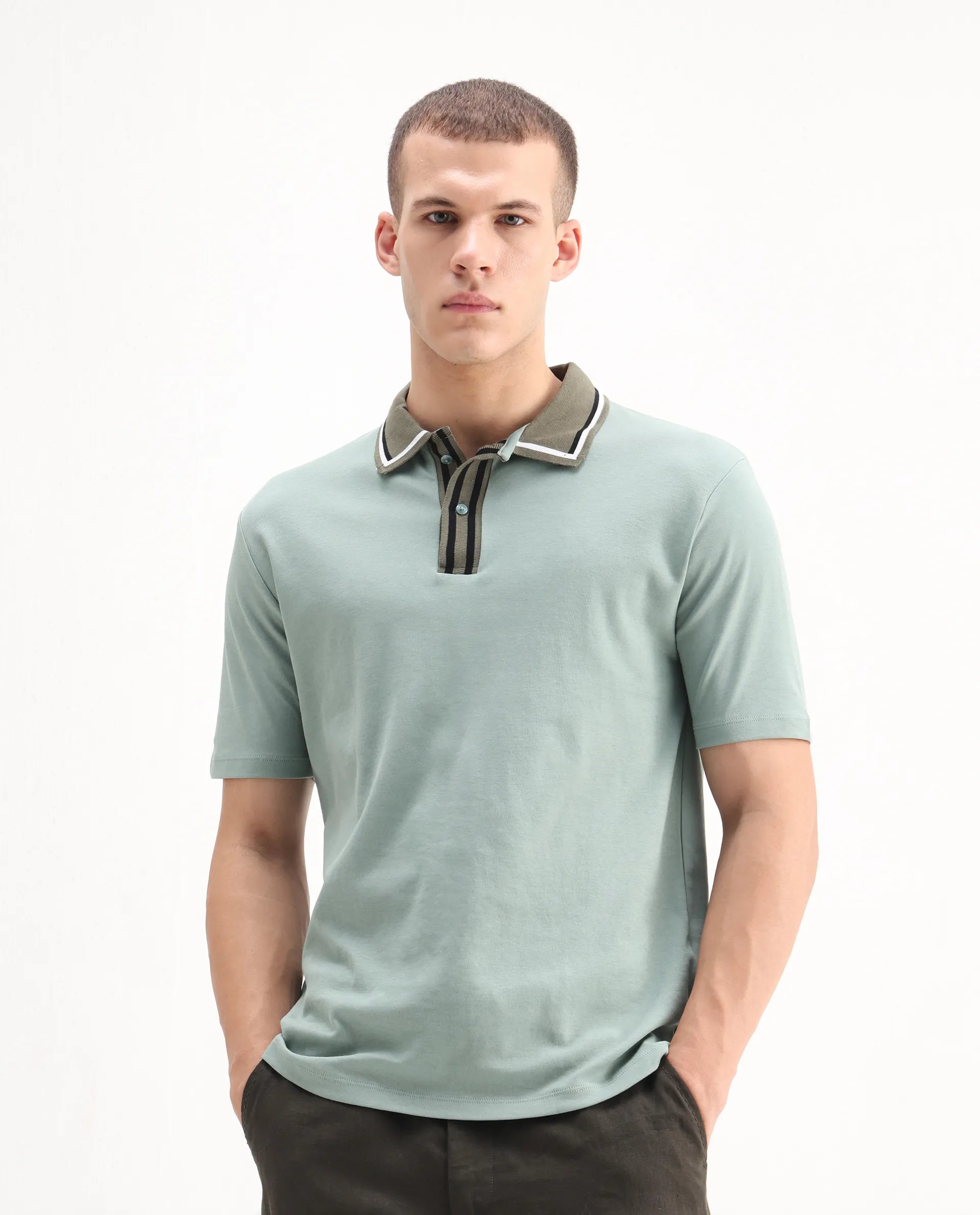 Rare Rabbit Men's Territ Dusky Turq Cotton Plain Regular Fit Half Sleeve Polo