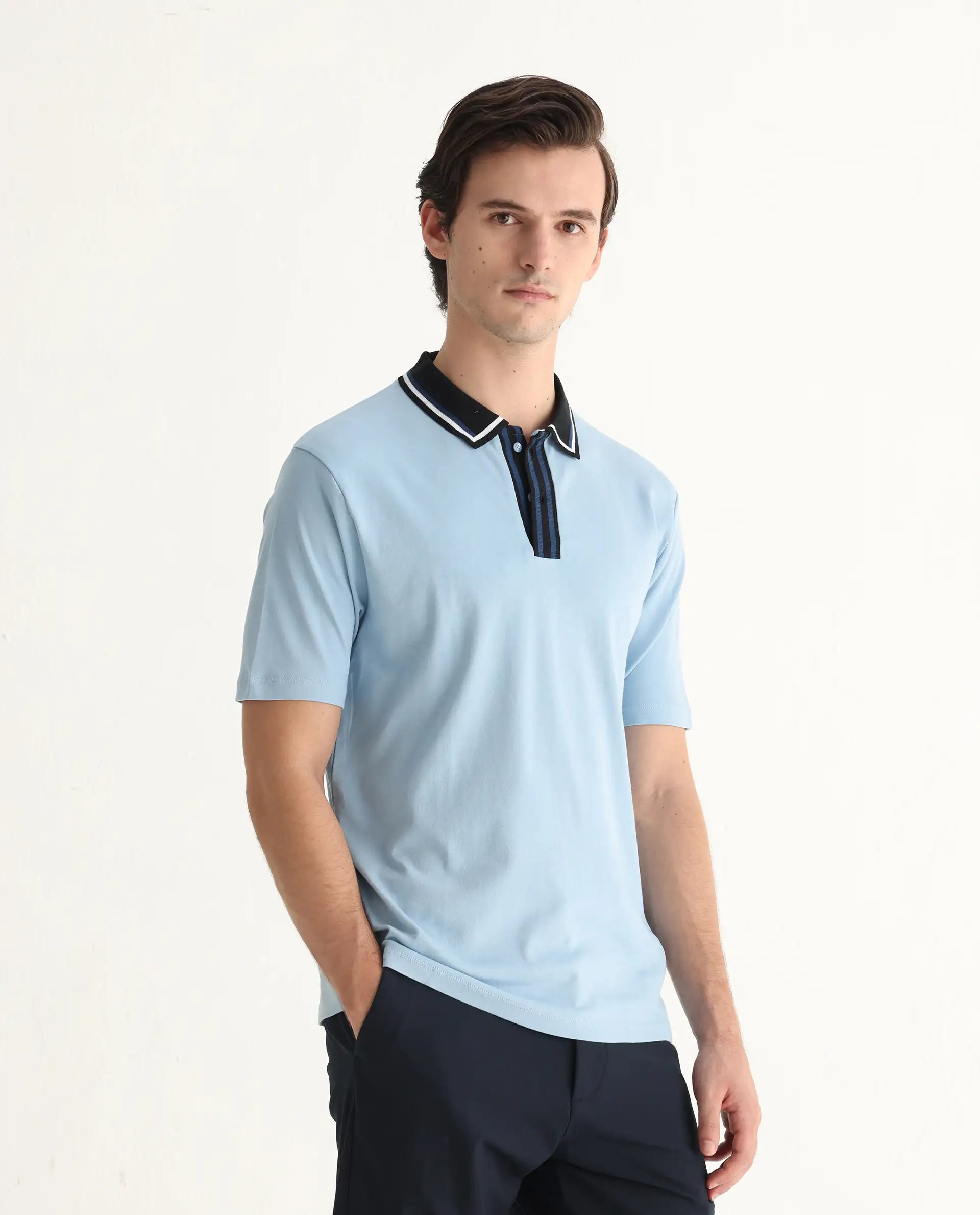 Rare Rabbit Men's Territ Light Blue Cotton Plain Regular Fit Half Sleeve Polo