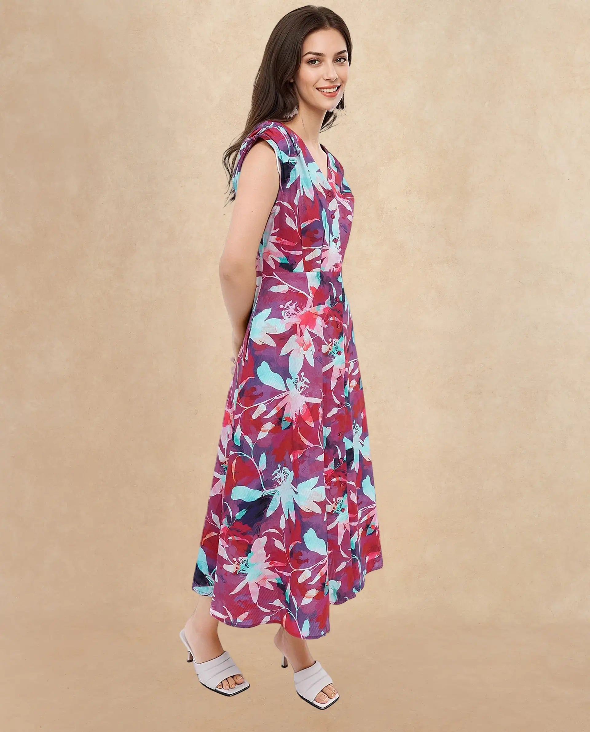 Rareism Women Terumi Dark Multi Sleeveless V-Neck  A-Line Maxi Floral Print Dress