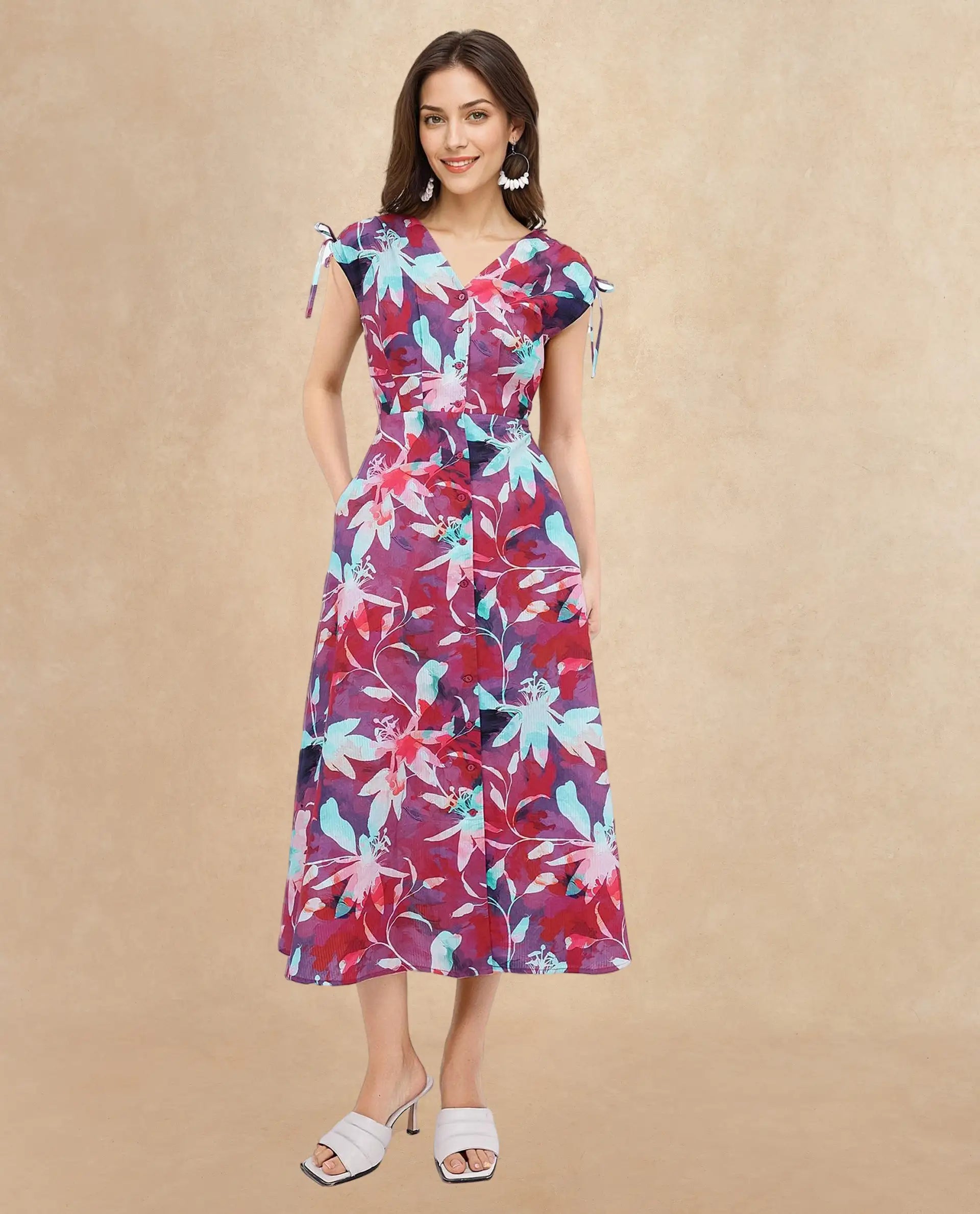 Rareism Women Terumi Dark Multi Sleeveless V-Neck  A-Line Maxi Floral Print Dress