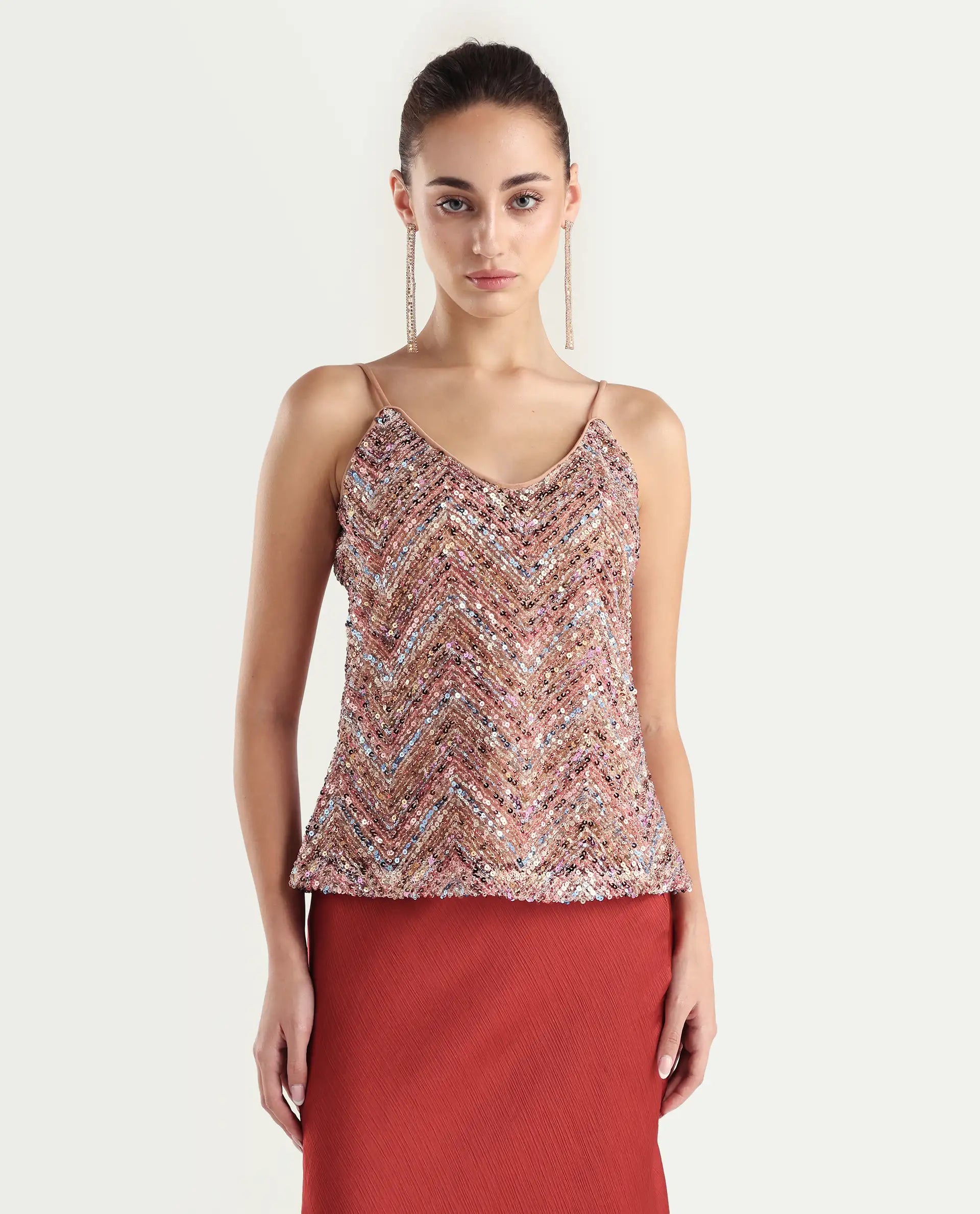 Rareism Women's Tess Sheen Multi Polyester V-Neck Sequined Shoulder Strap Regular Fit Top