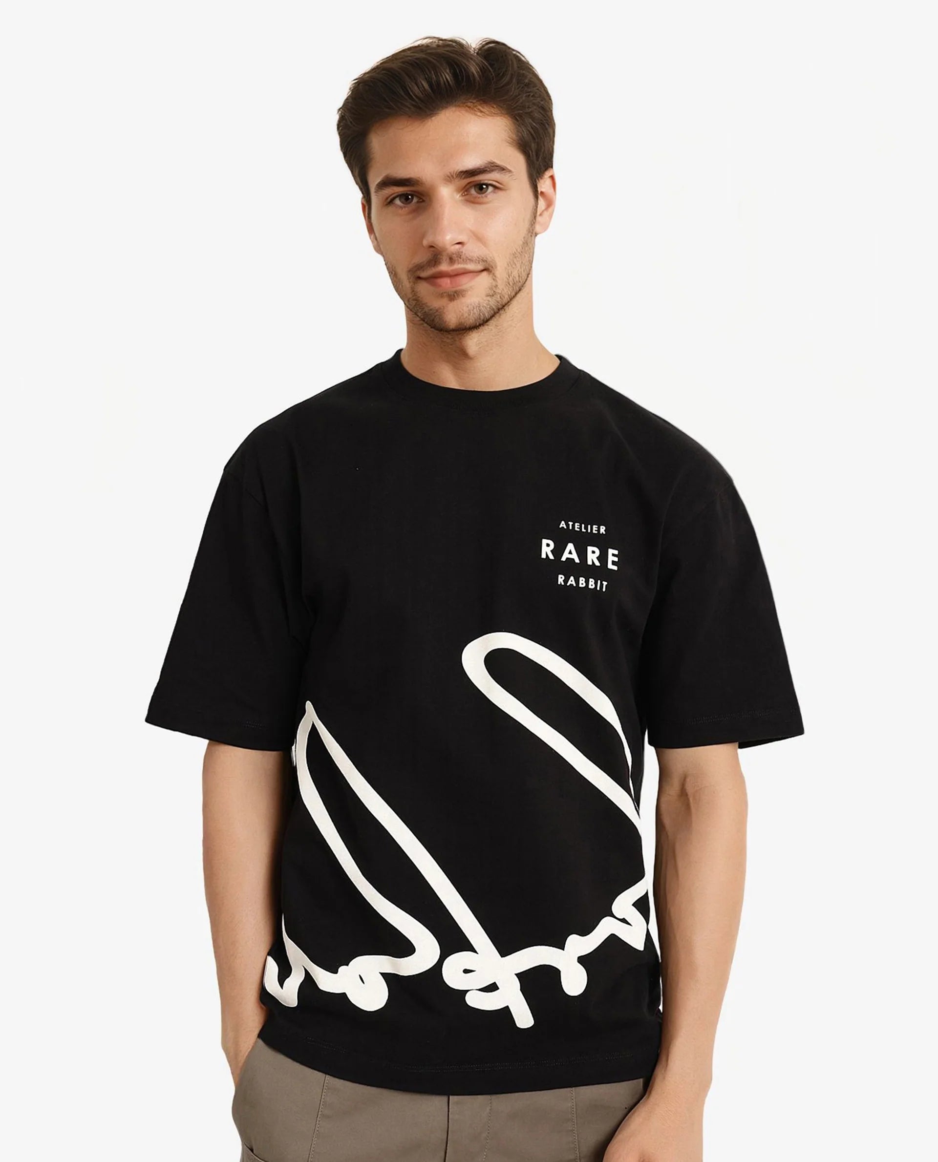 Rare Rabbit Men Ther Black Cotton Fabric Short Sleeve Crew Neck Oversized Fit Graphic Signature Print T-Shirt