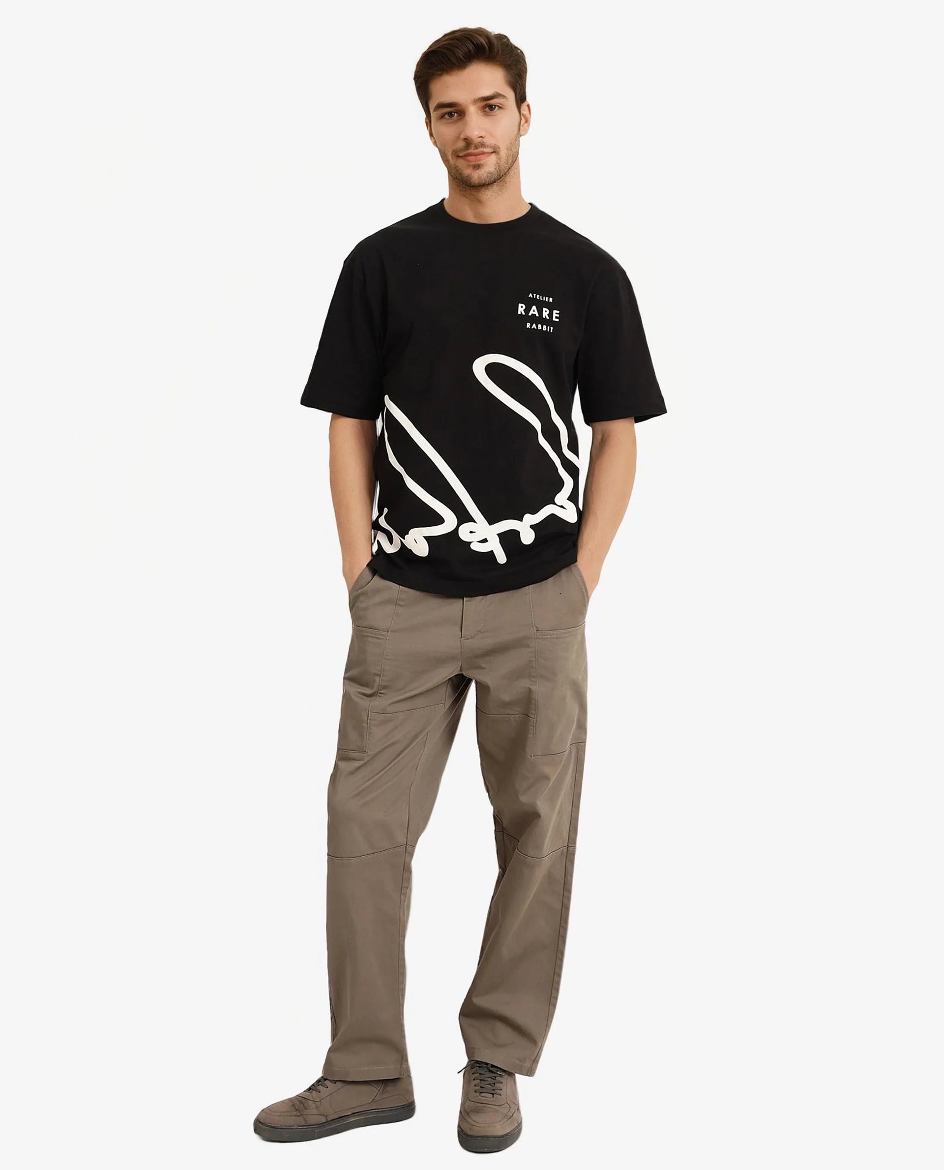 Rare Rabbit Men Ther Black Cotton Fabric Short Sleeve Crew Neck Oversized Fit Graphic Signature Print T-Shirt