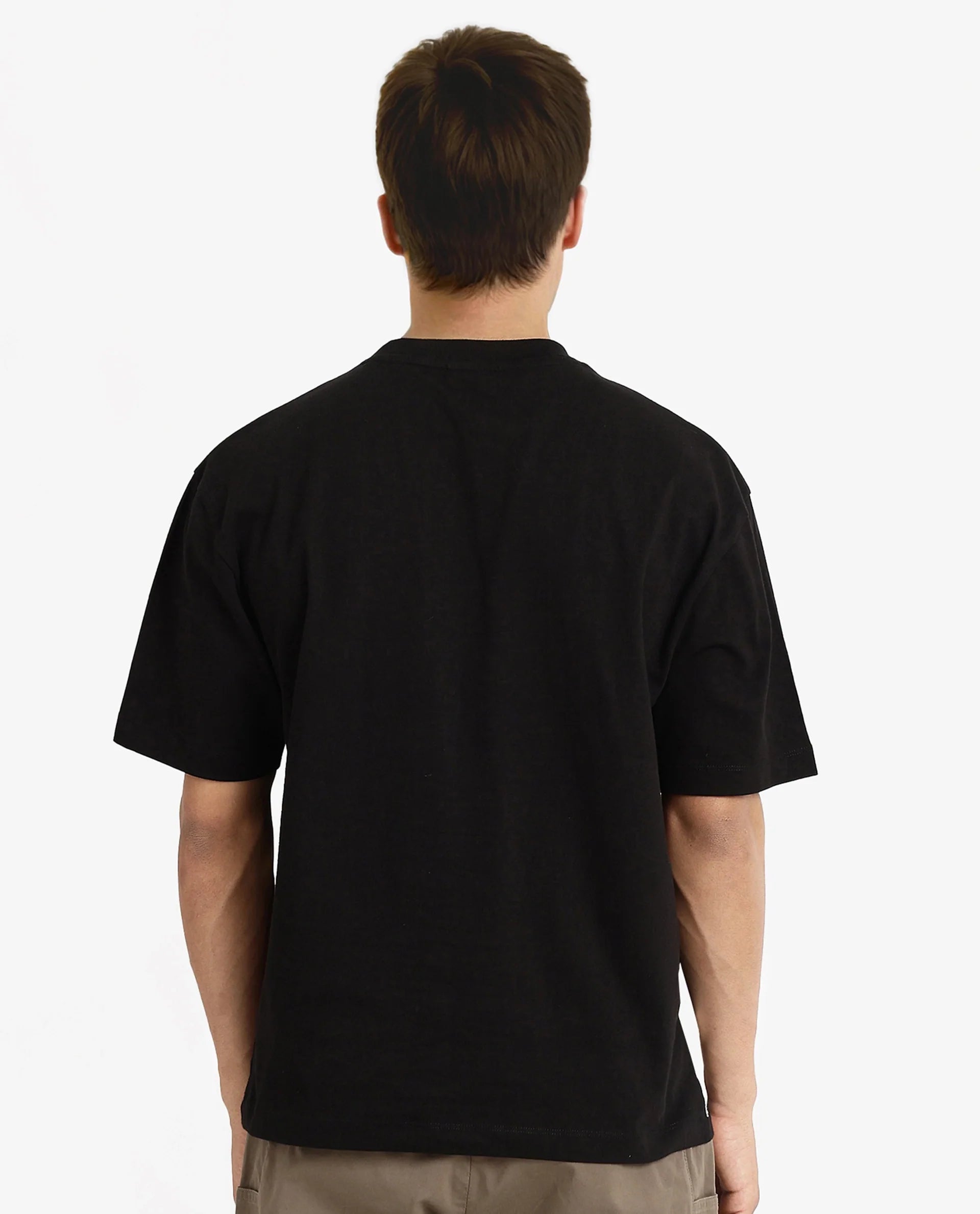 Rare Rabbit Men Ther Black Cotton Fabric Short Sleeve Crew Neck Oversized Fit Graphic Signature Print T-Shirt