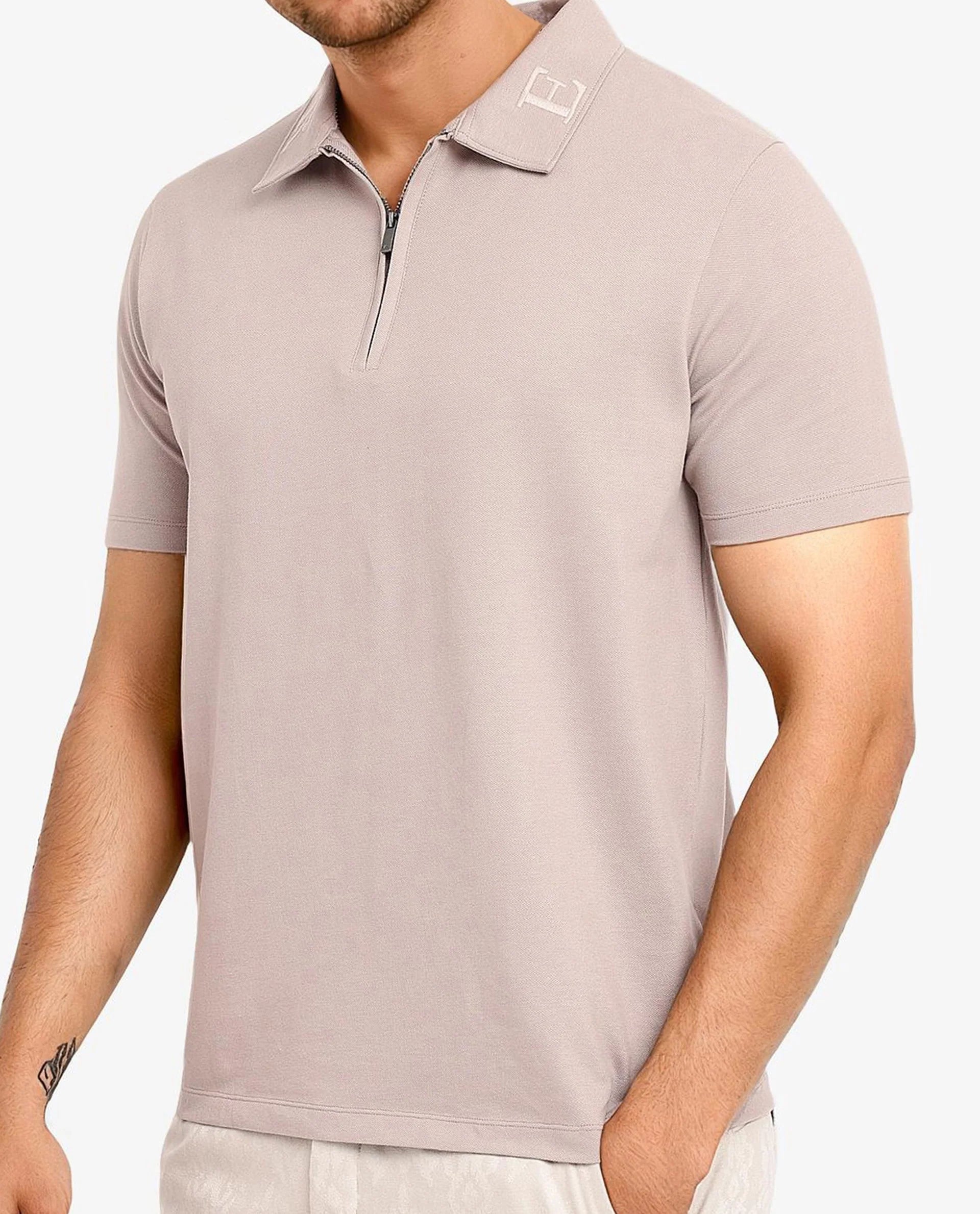 Rare Rabbit Men Thero Dusky Beige Cotton Lycra Fabric Short Sleeve Embroidered Collar Zipper Closure Plain Polo T-Shirt
