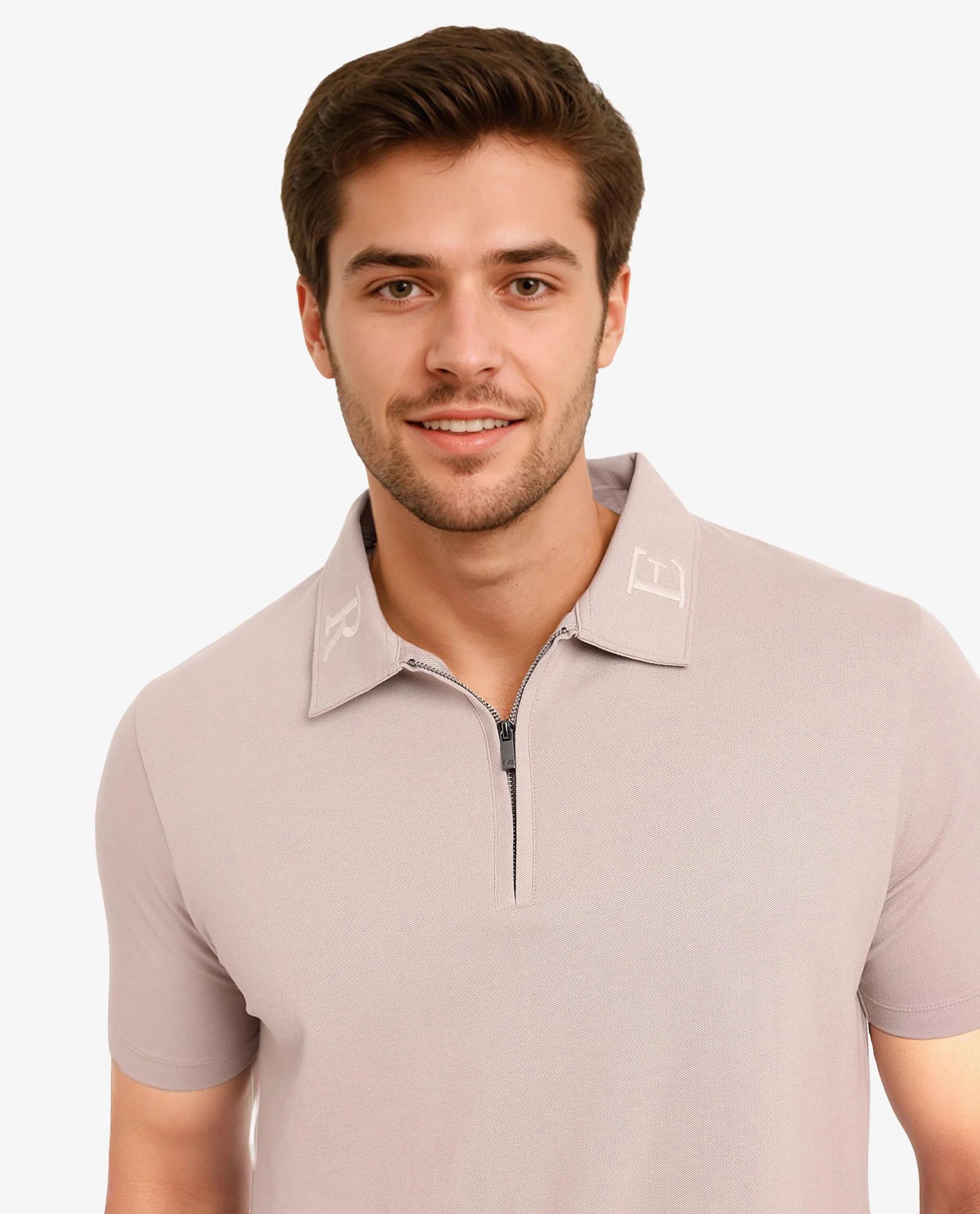 Rare Rabbit Men Thero Dusky Beige Cotton Lycra Fabric Short Sleeve Embroidered Collar Zipper Closure Plain Polo T-Shirt