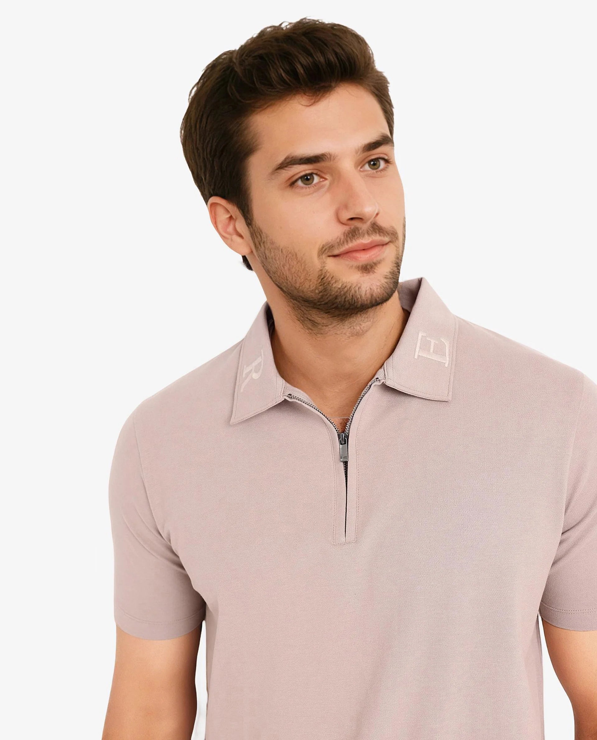Rare Rabbit Men Thero Dusky Beige Cotton Lycra Fabric Short Sleeve Embroidered Collar Zipper Closure Plain Polo T-Shirt