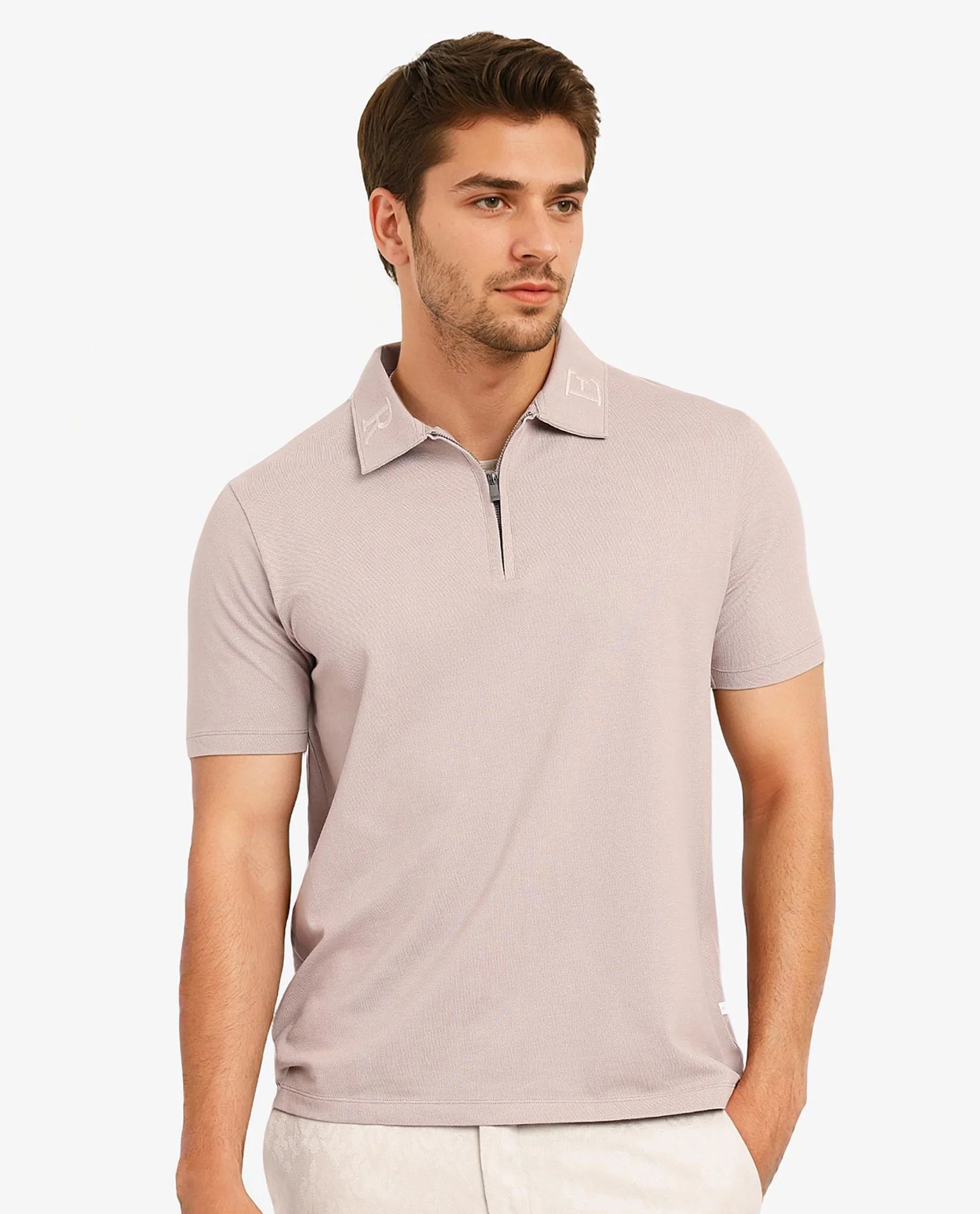 Rare Rabbit Men Thero Dusky Beige Cotton Lycra Fabric Short Sleeve Embroidered Collar Zipper Closure Plain Polo T-Shirt