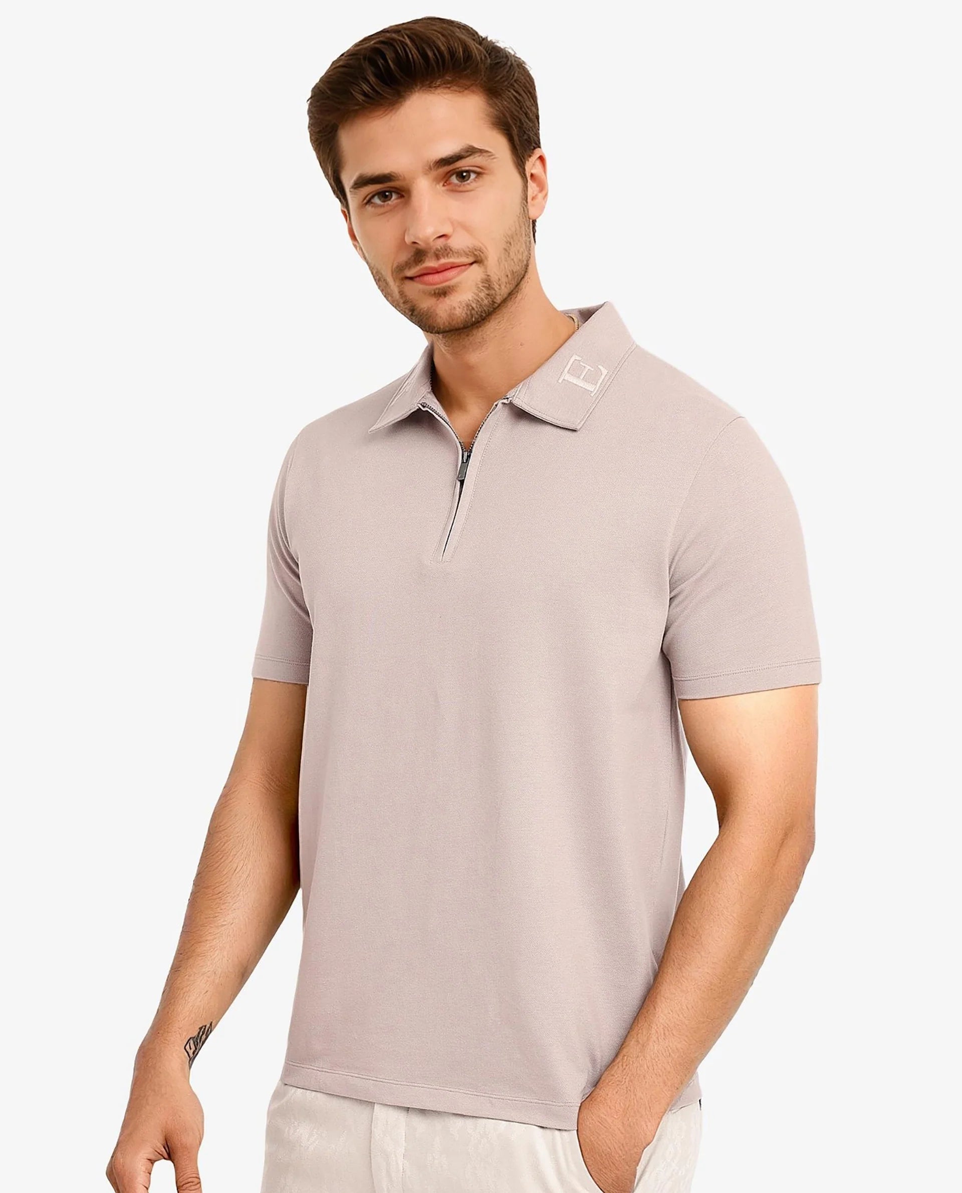 Rare Rabbit Men Thero Dusky Beige Cotton Lycra Fabric Short Sleeve Embroidered Collar Zipper Closure Plain Polo T-Shirt