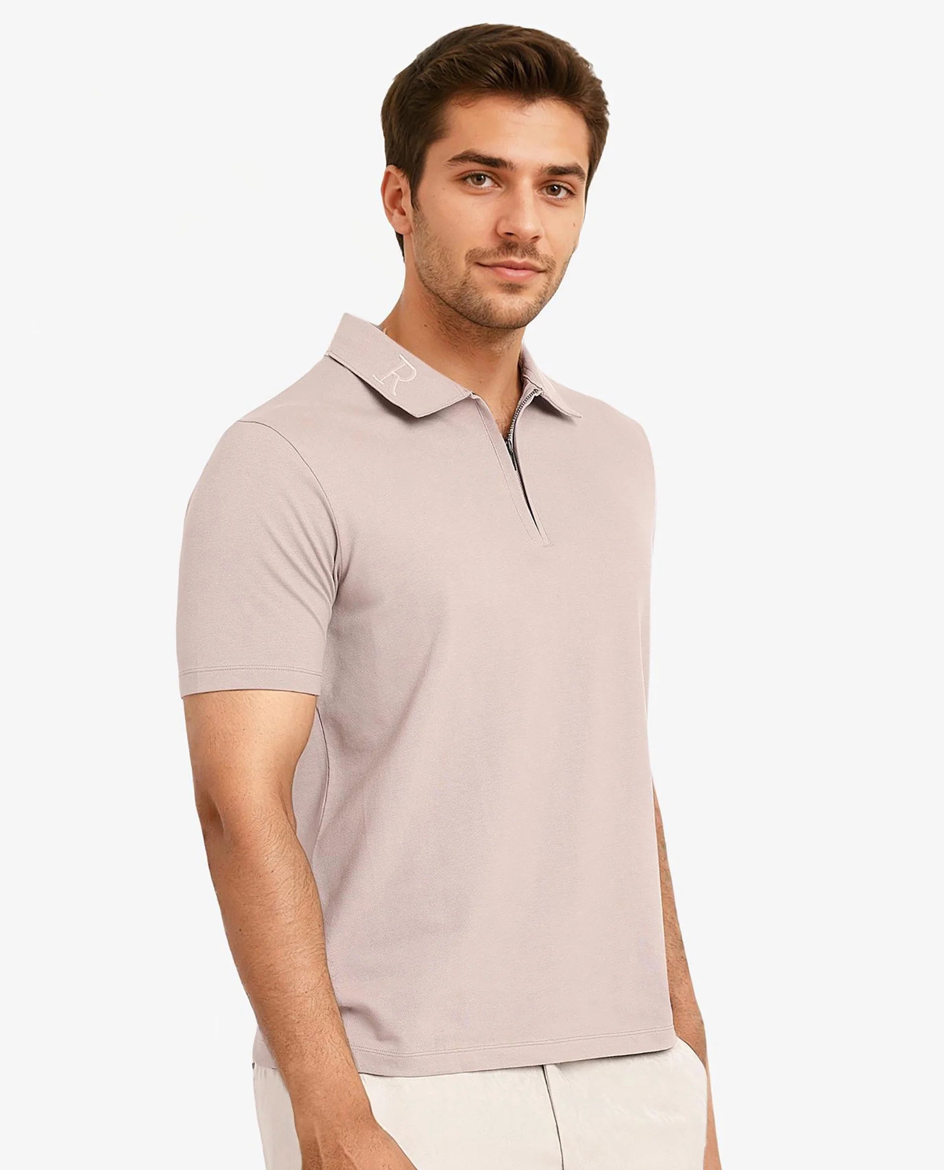 Rare Rabbit Men Thero Dusky Beige Cotton Lycra Fabric Short Sleeve Embroidered Collar Zipper Closure Plain Polo T-Shirt