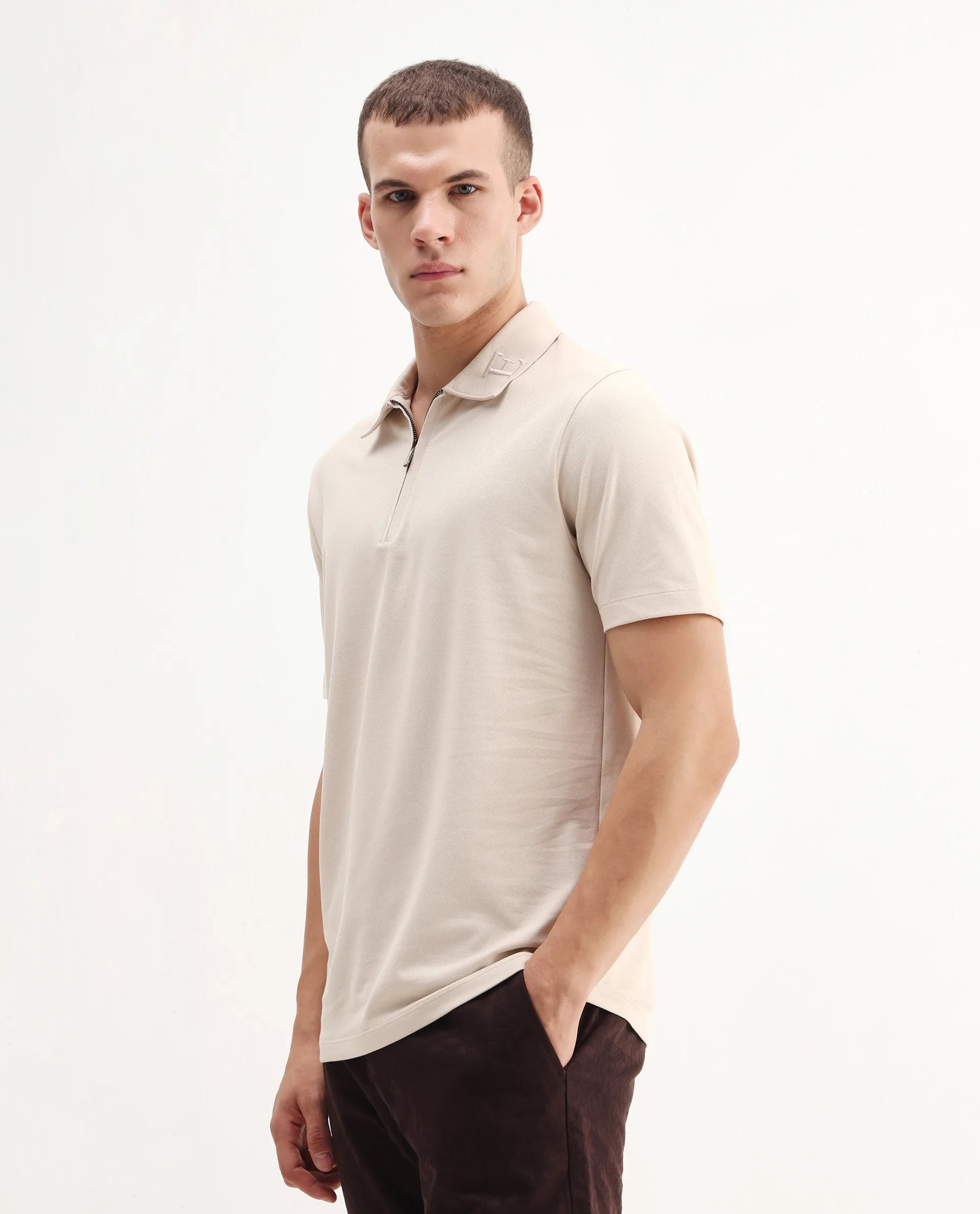 Rare Rabbit Men's Thero-25 Light Beige Cotton Blend Plain Regular Fit Half Sleeve Polo