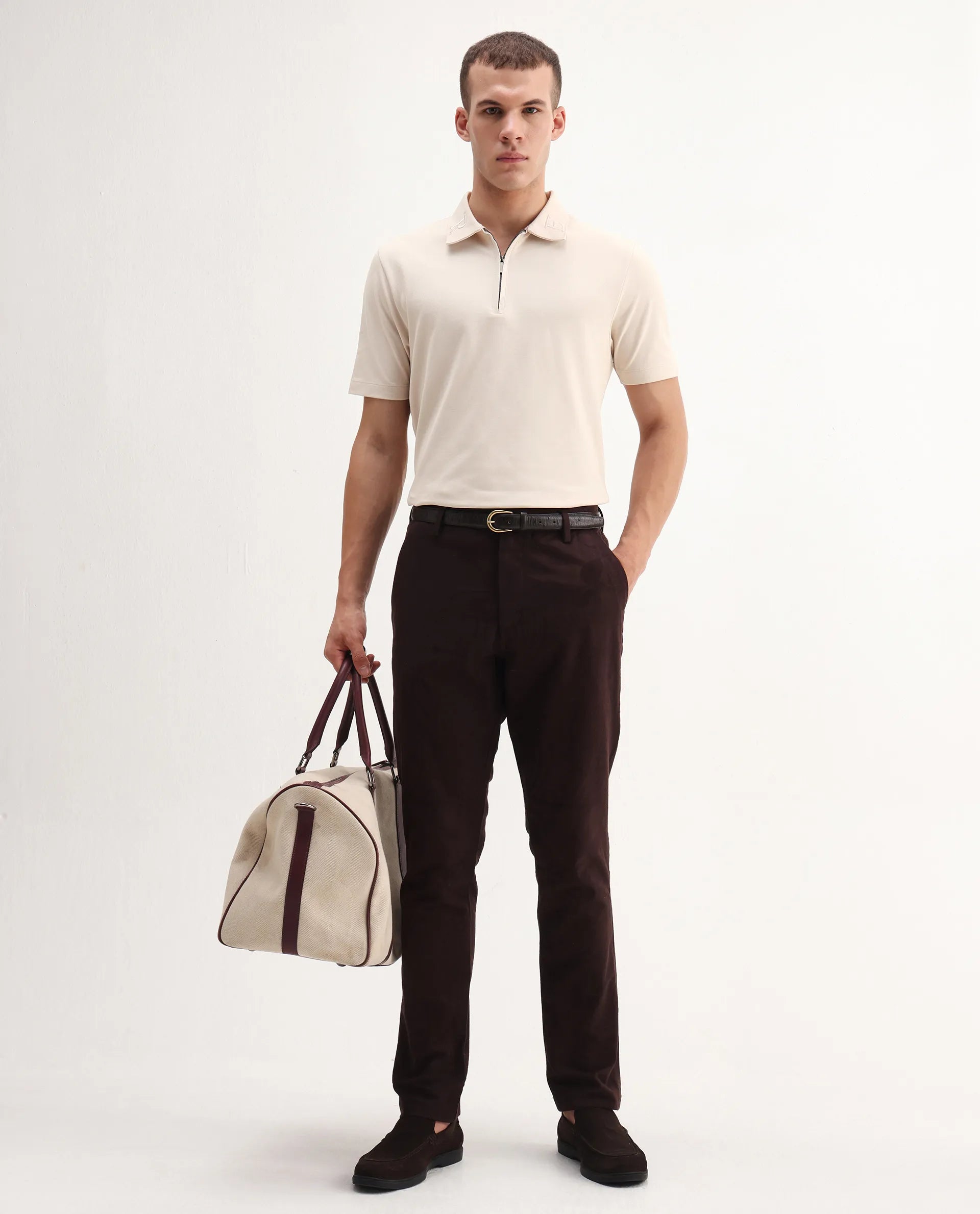 Rare Rabbit Men's Thero-25 Light Beige Cotton Blend Plain Regular Fit Half Sleeve Polo