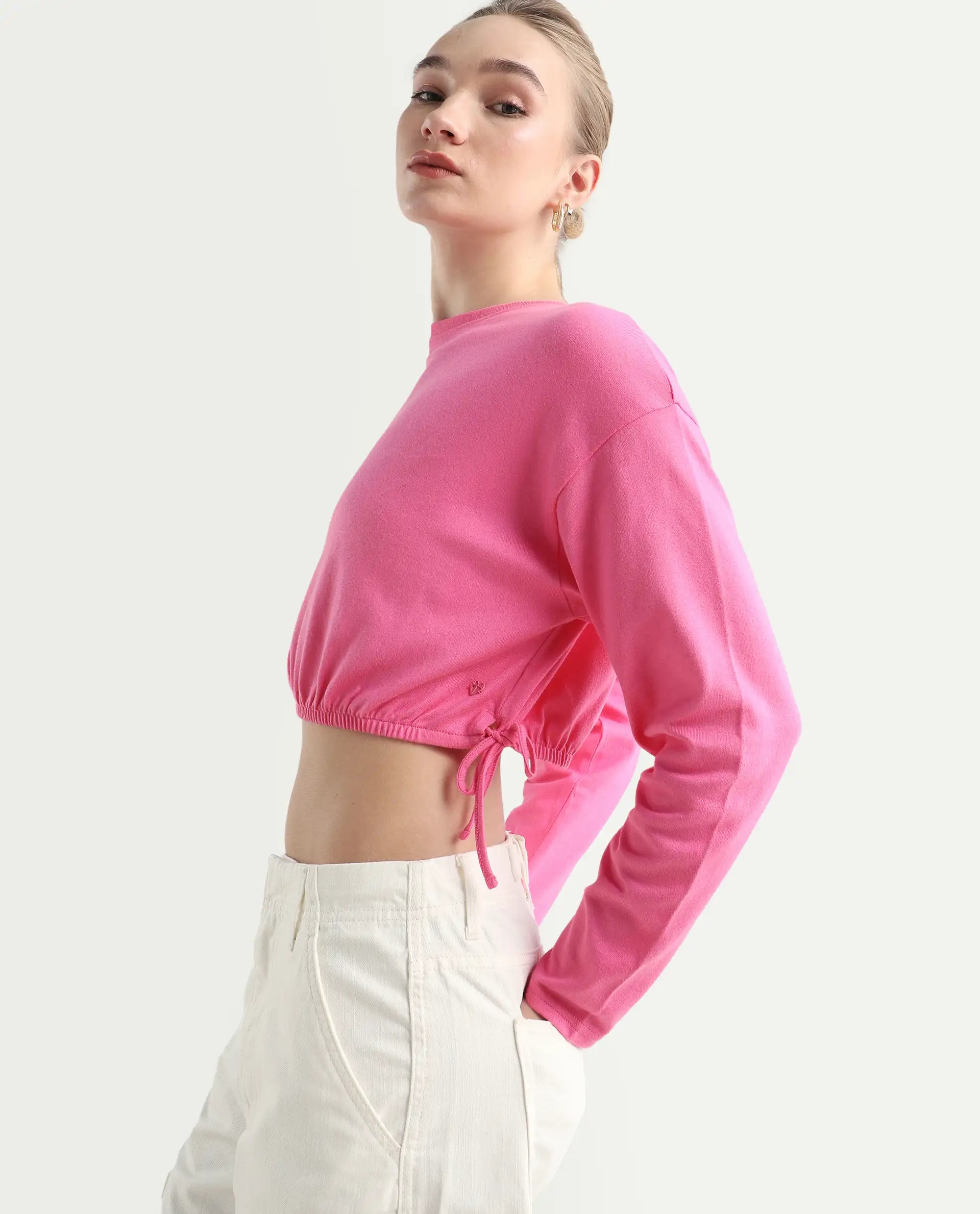 Rareism Women's Thistle Pink Cotton Crew Neck Plain Crop Regular Fit Top