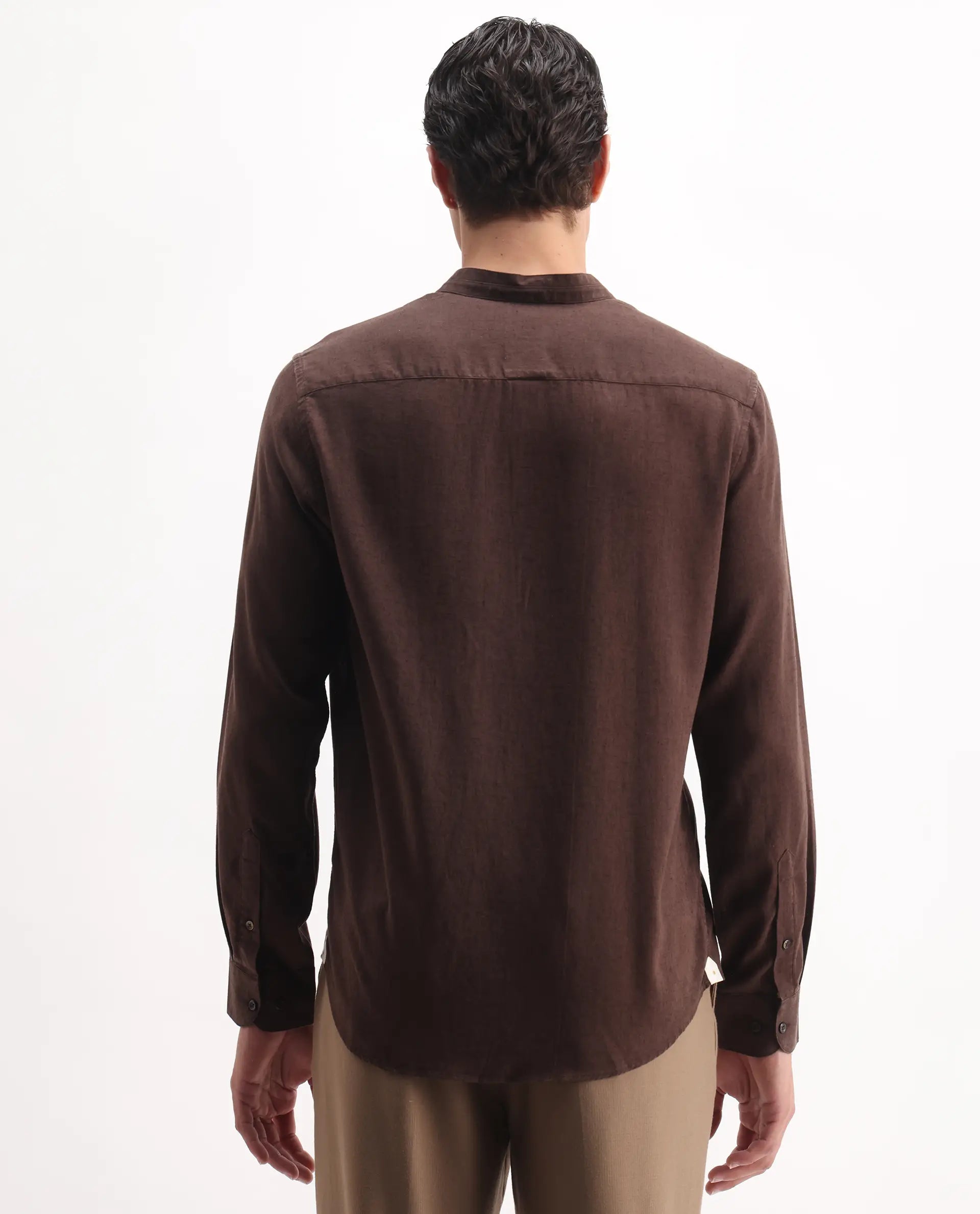 Rare Rabbit Men's Throne 25 Brown Lyocell Plain Regular Fit Full Sleeve Mandarin Collar Shirt