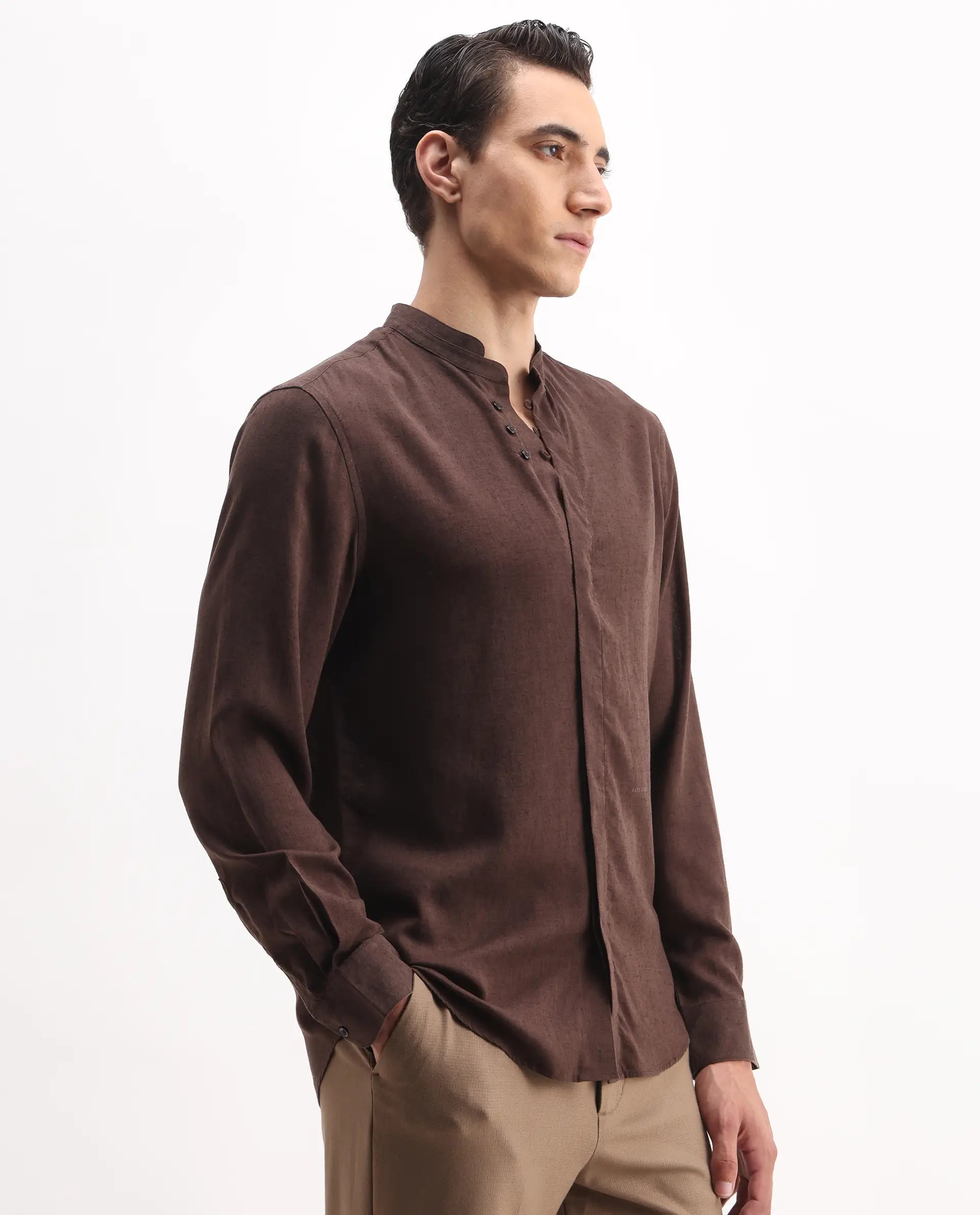 Rare Rabbit Men's Throne 25 Brown Lyocell Plain Regular Fit Full Sleeve Mandarin Collar Shirt