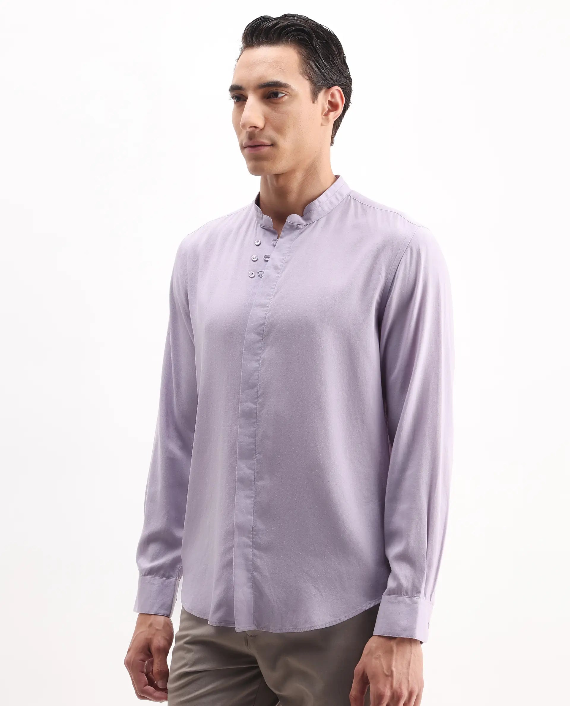 Rare Rabbit Men's Theone-25 Purple Linen Blend Plain Regular Fit Full Sleeve Mandarin Collar Shirt
