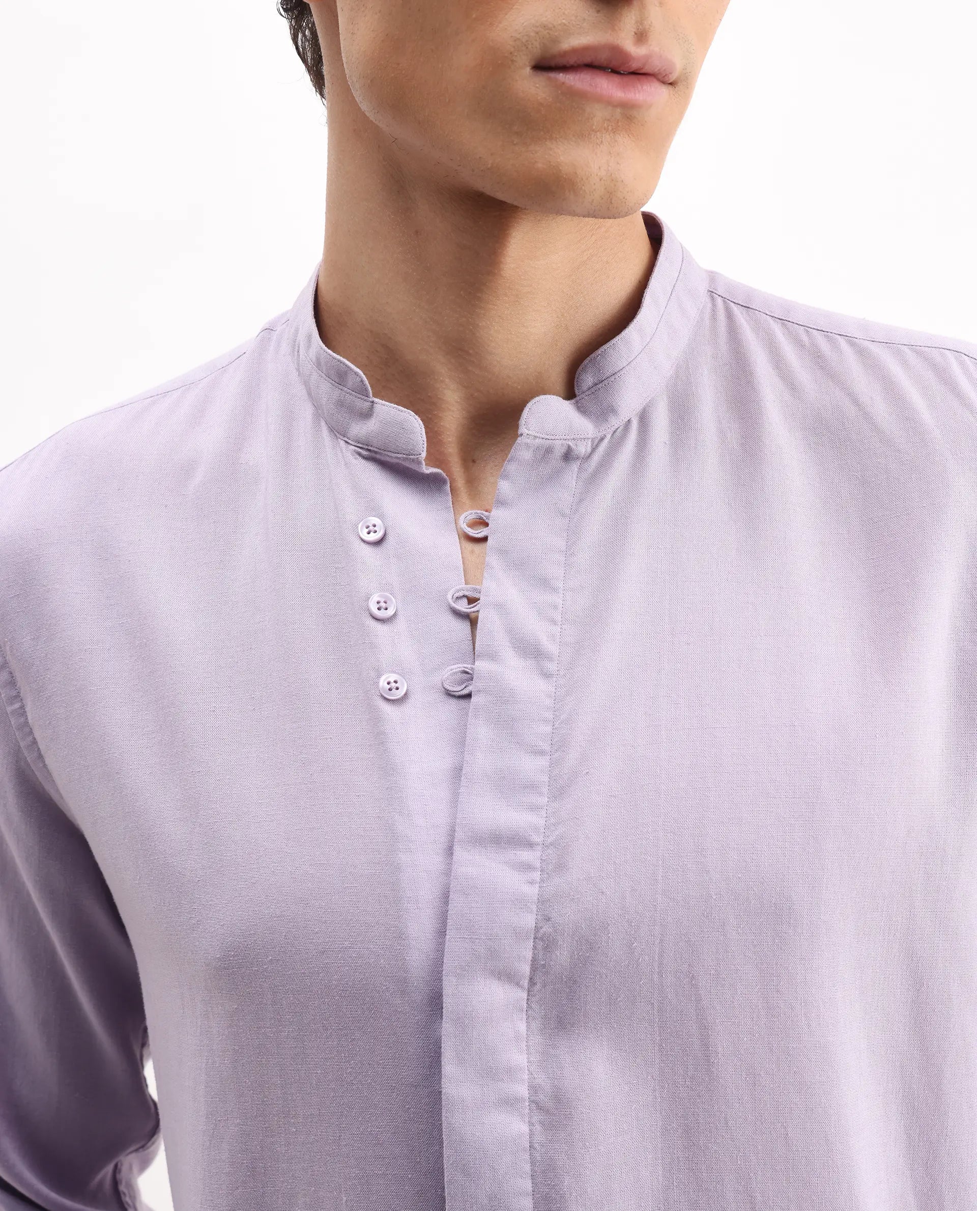 Rare Rabbit Men's Theone-25 Purple Linen Blend Plain Regular Fit Full Sleeve Mandarin Collar Shirt