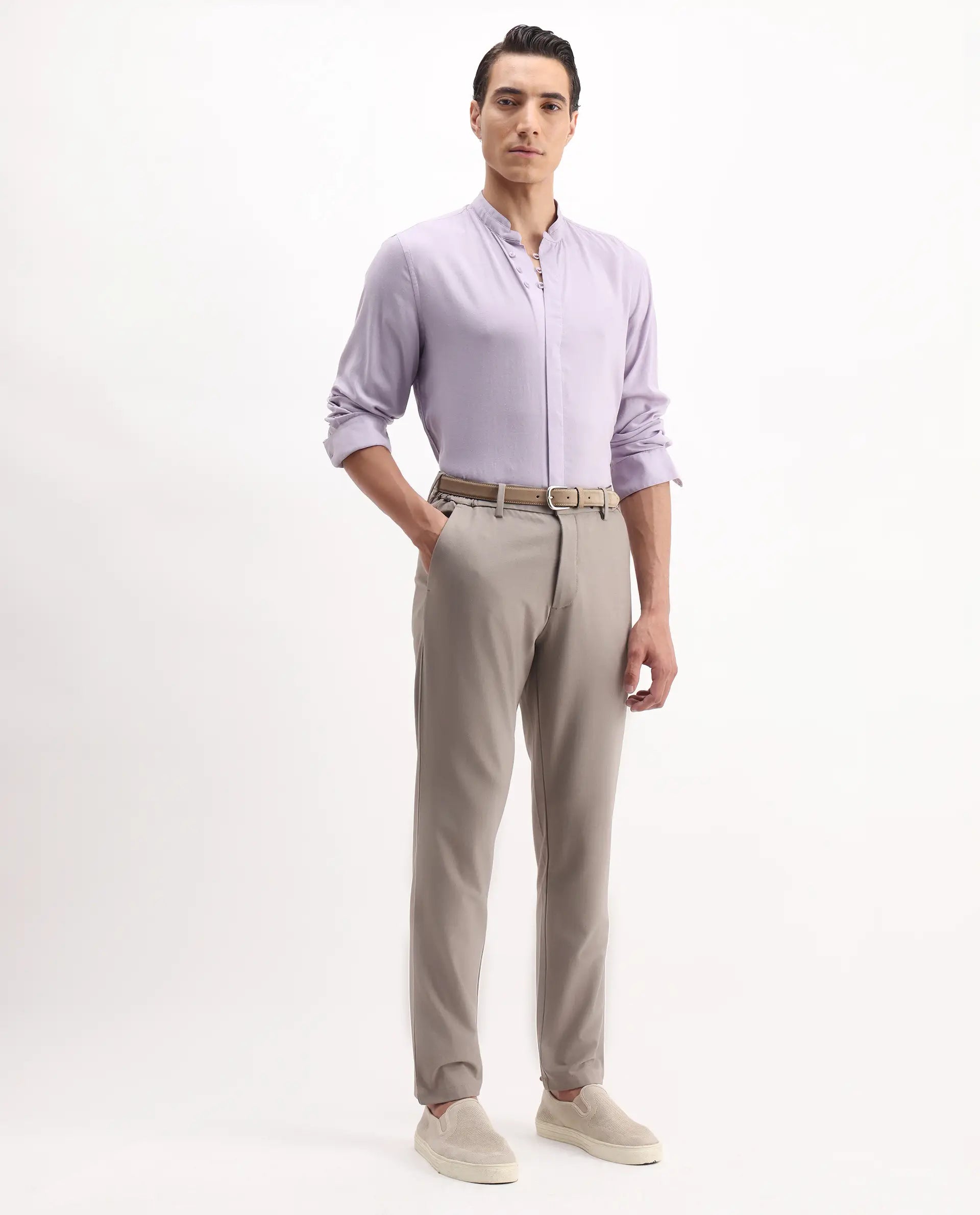Rare Rabbit Men's Theone-25 Purple Linen Blend Plain Regular Fit Full Sleeve Mandarin Collar Shirt