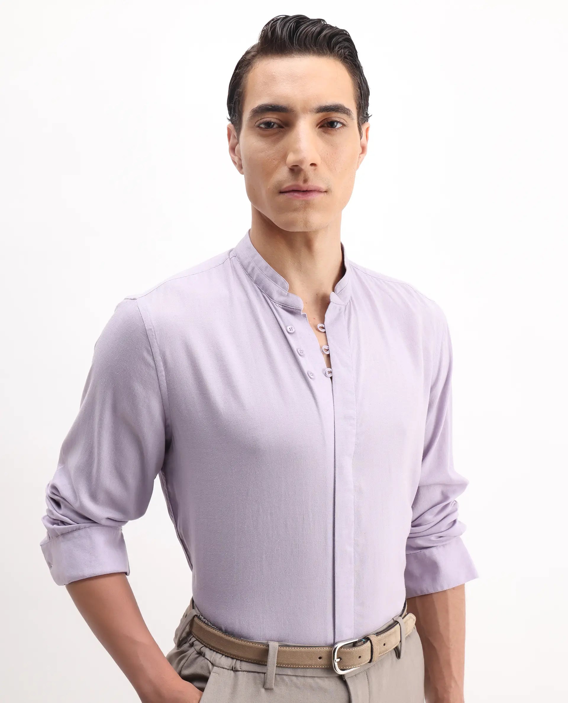 Rare Rabbit Men's Theone-25 Purple Linen Blend Plain Regular Fit Full Sleeve Mandarin Collar Shirt