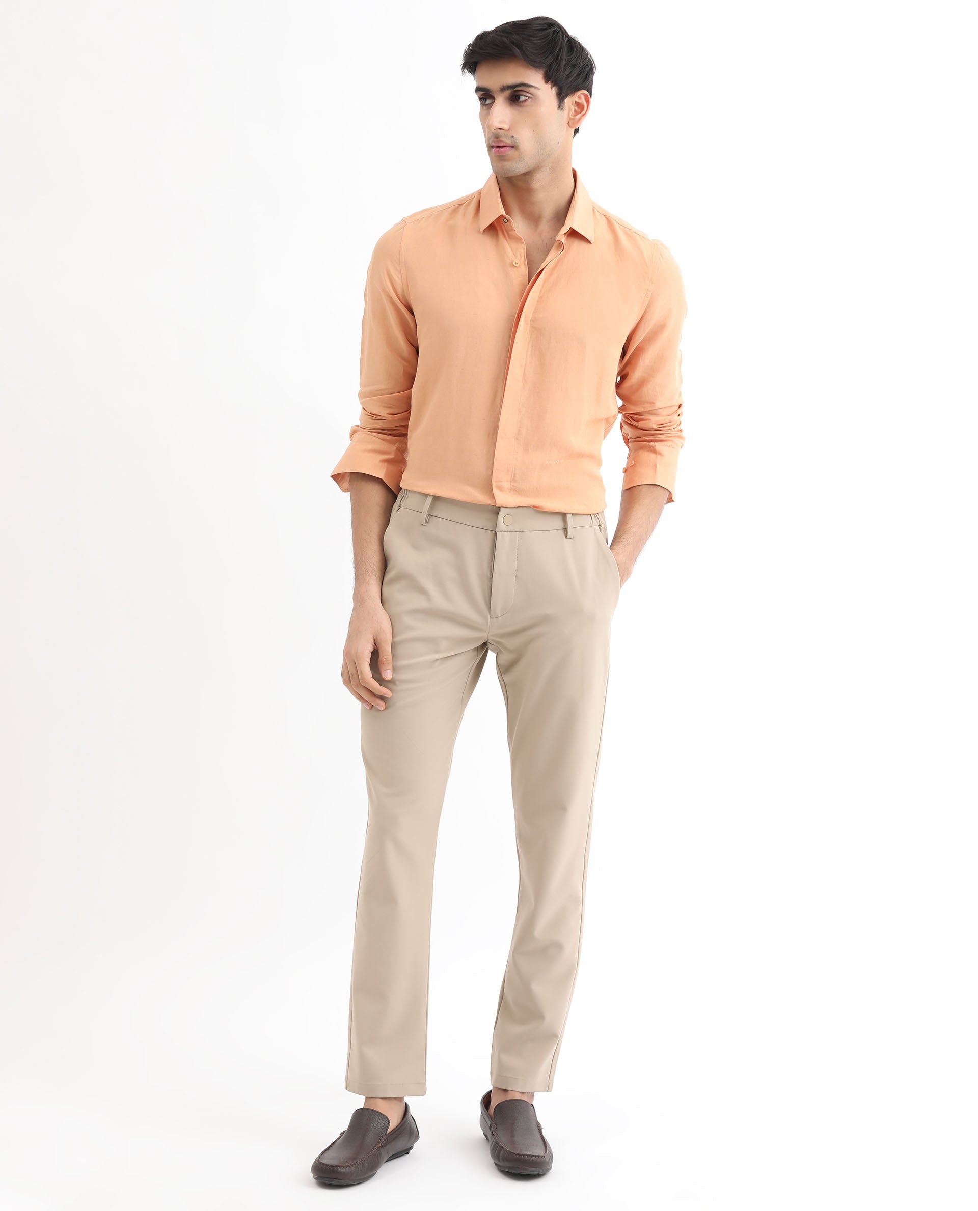 Rare Rabbit Men's Throner Light Orange Full Sleeves Solid Shirt