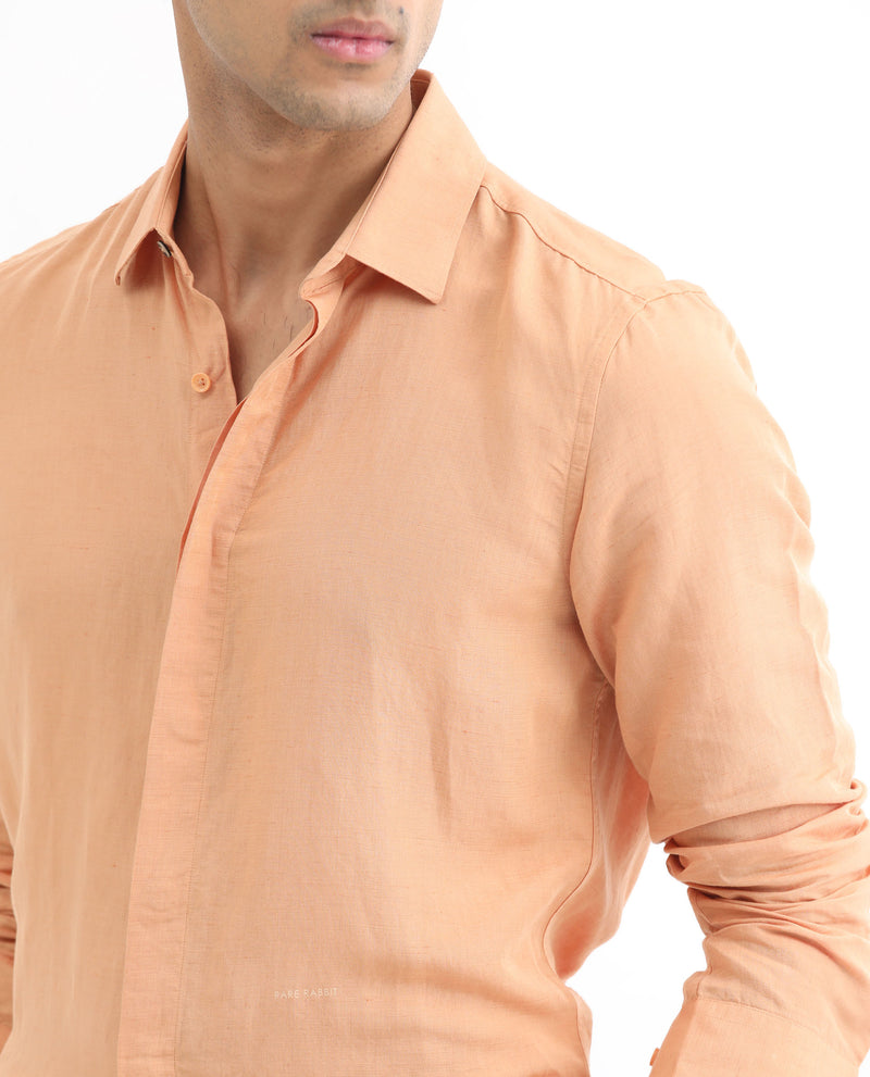 Rare Rabbit Men's Throner Light Orange Full Sleeves Solid Shirt