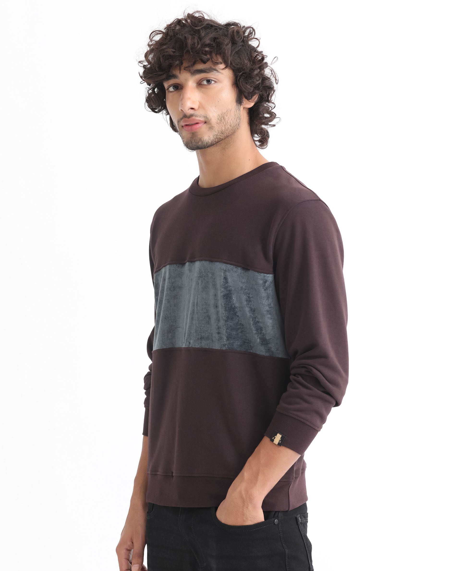 Rare Rabbit Men's Tide Maroon Cotton Polyester Fabric Full Sleeves Cut And Sew Velvet Sweatshirt