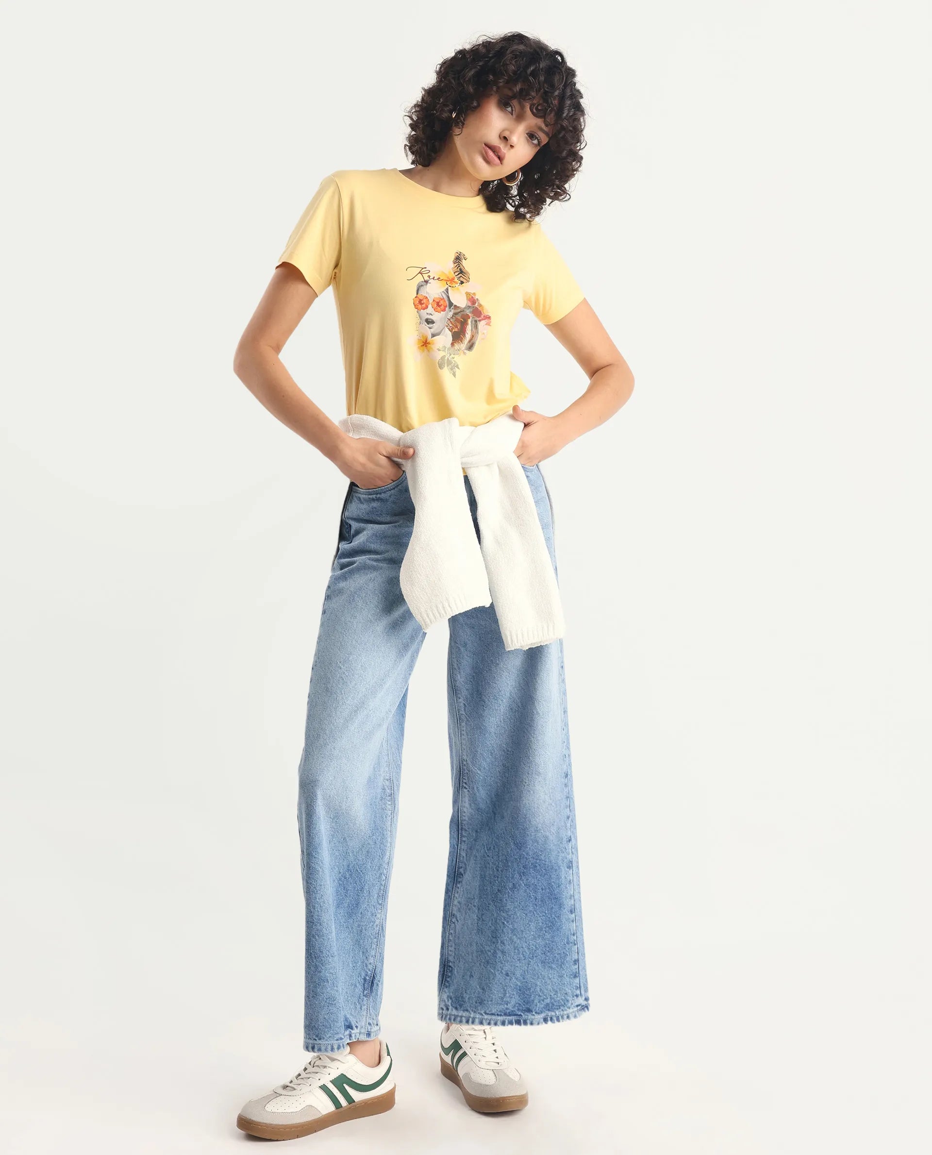 Rareism Women's Tigo Light Yellow Cotton Blend Crew Neck Graphic Print Regular Fit T-Shirt