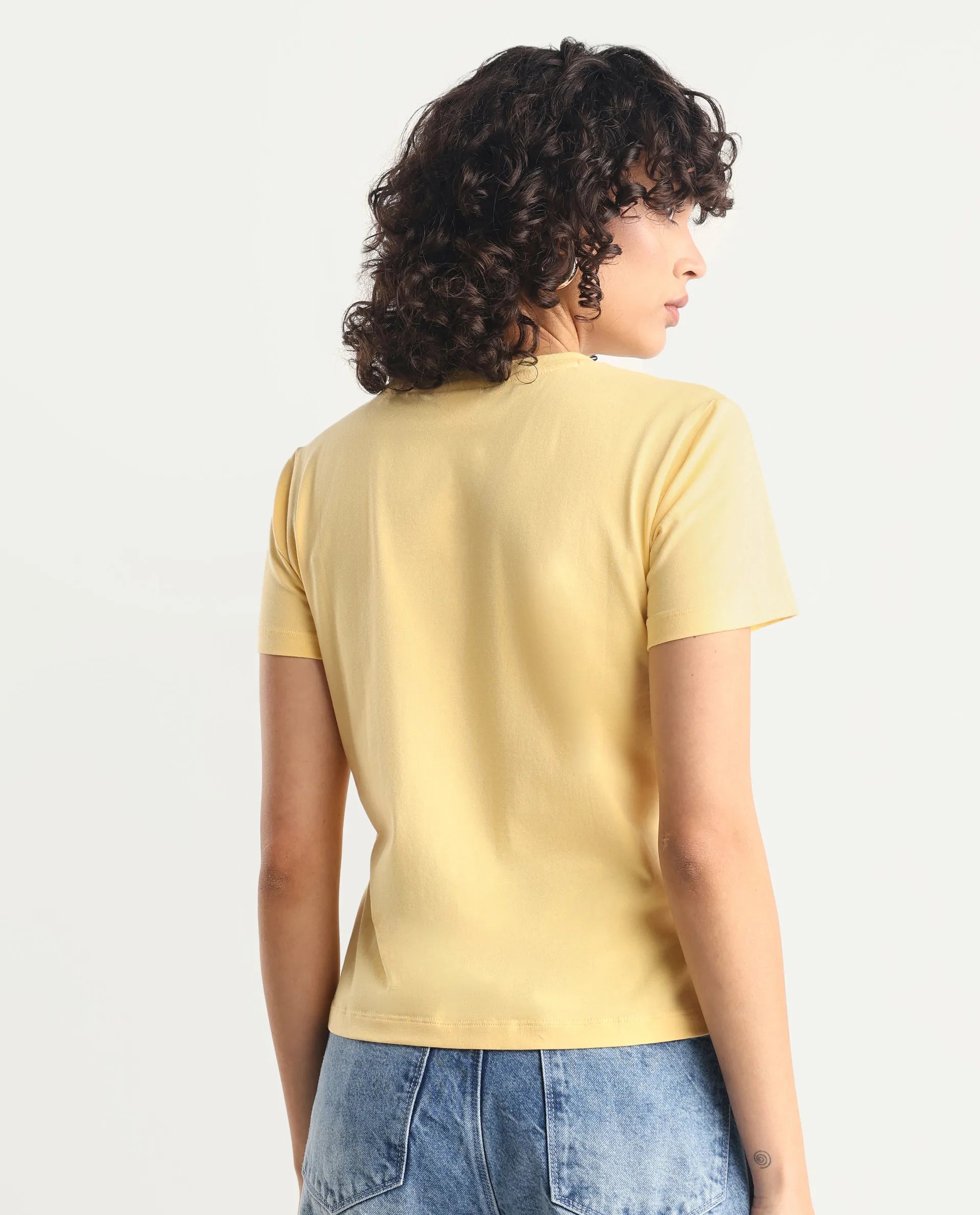 Rareism Women's Tigo Light Yellow Cotton Blend Crew Neck Graphic Print Regular Fit T-Shirt