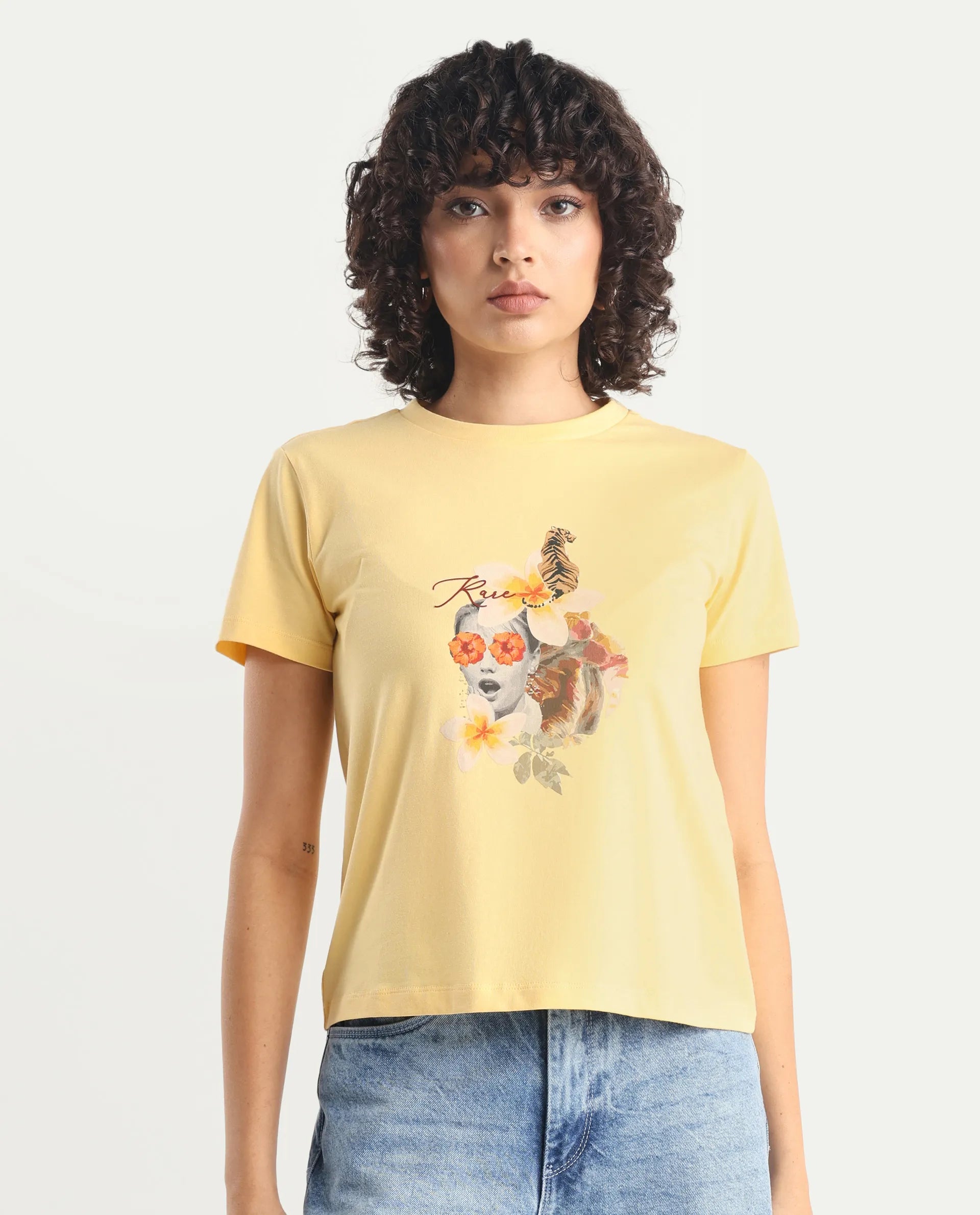 Rareism Women's Tigo Light Yellow Cotton Blend Crew Neck Graphic Print Regular Fit T-Shirt