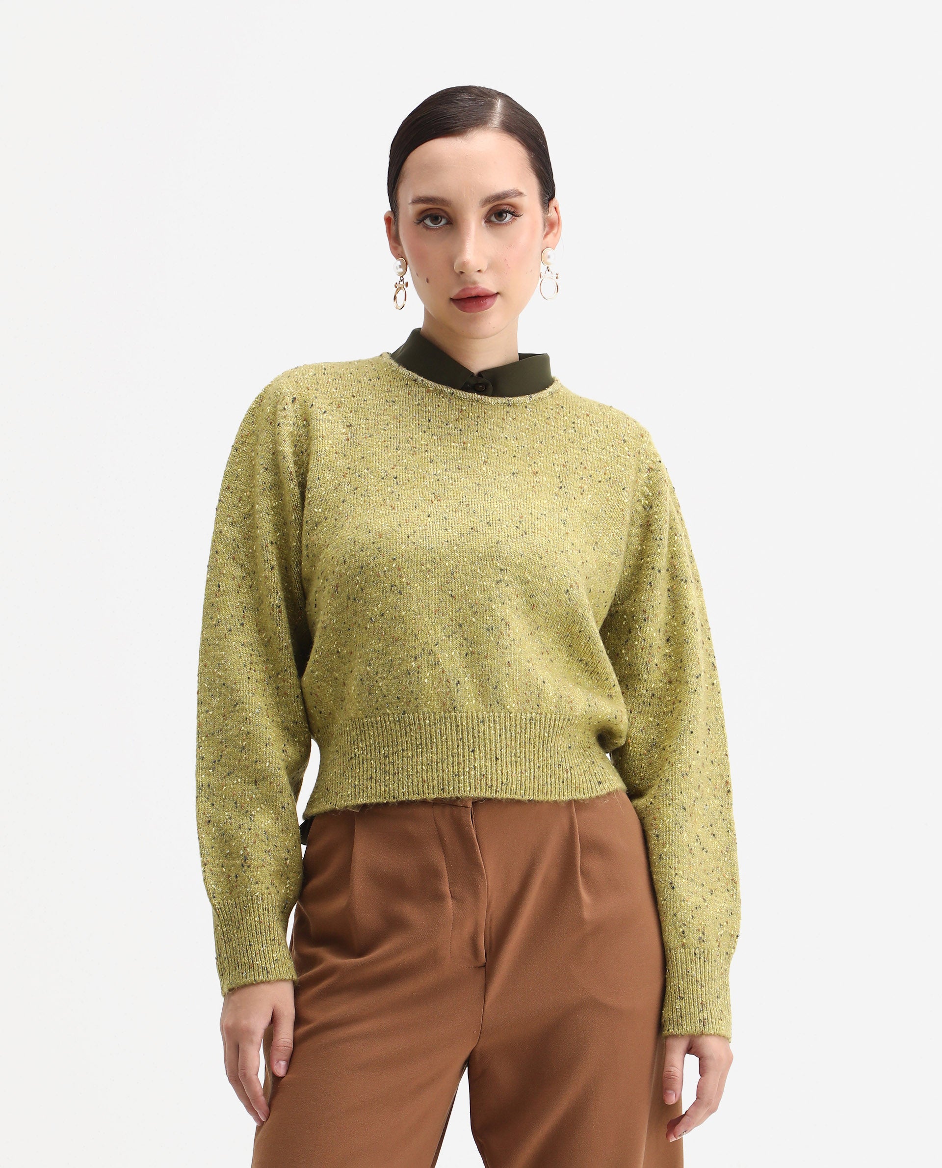 Rareism Women's Tinoa Light Olive Acrylic Blend Crew Neck Relaxed Fit Sweater
