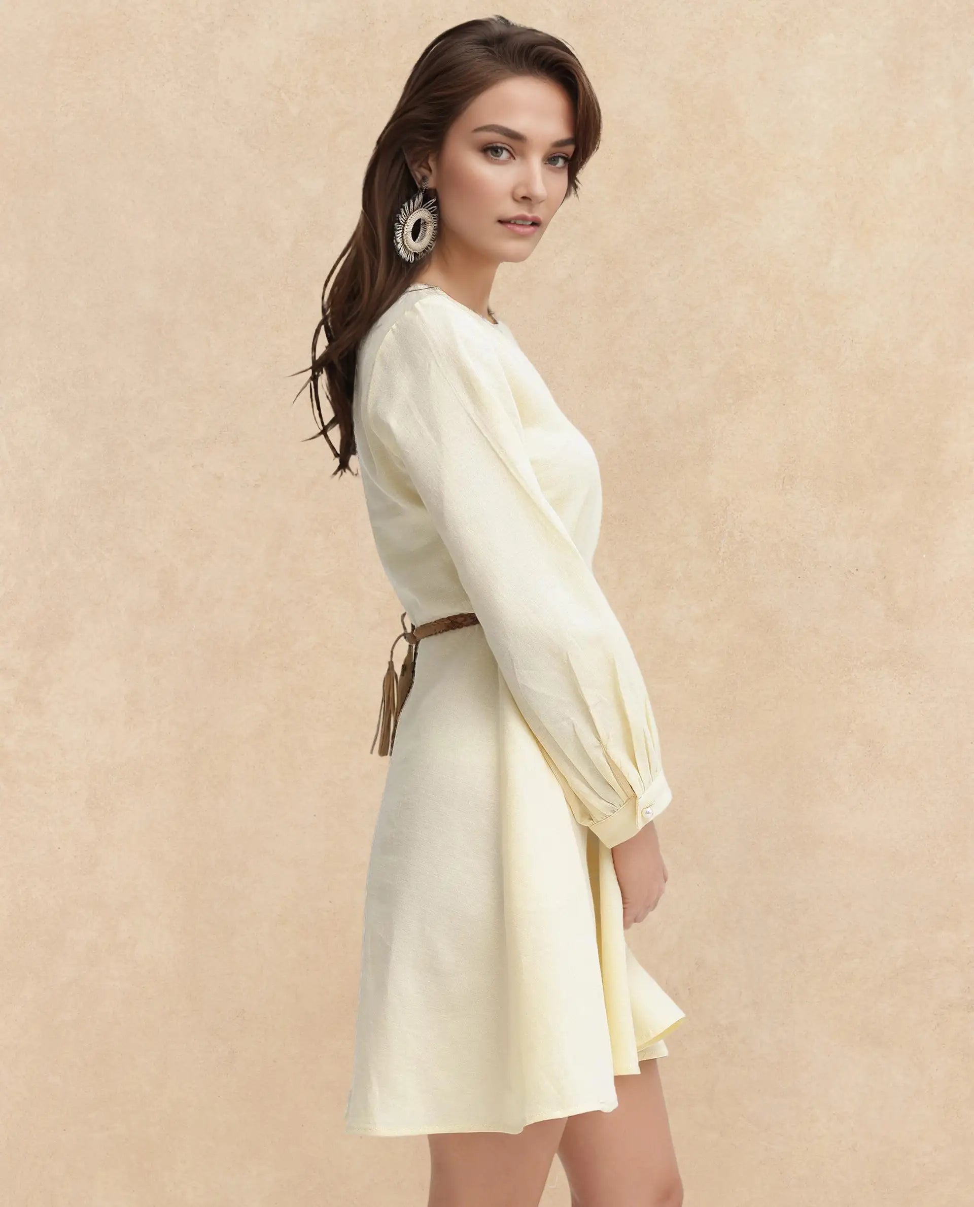 Rareism Women's Tirday Yellow Cotton V-Neck Plain Bishop Sleeve Mini Fit And Flare Dress