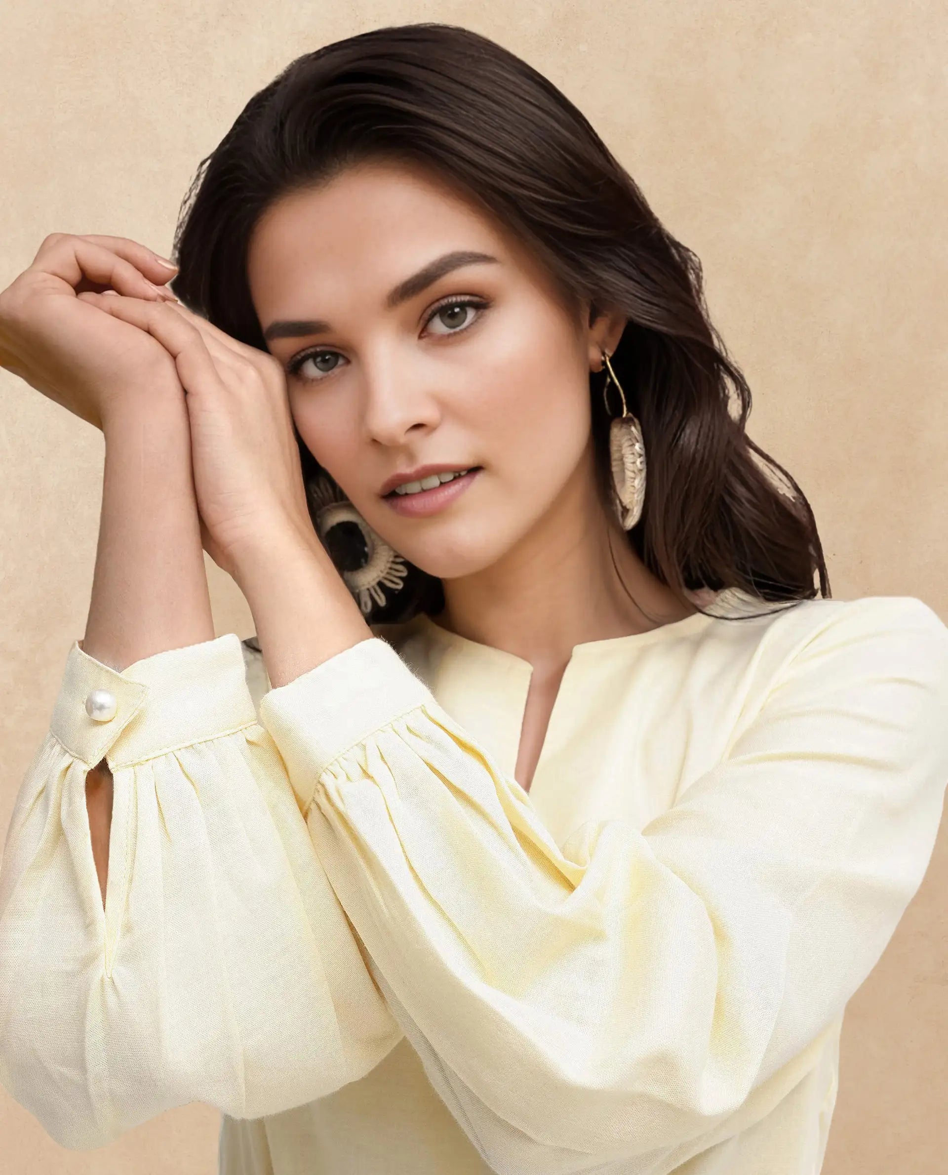 Rareism Women's Tirday Yellow Cotton V-Neck Plain Bishop Sleeve Mini Fit And Flare Dress